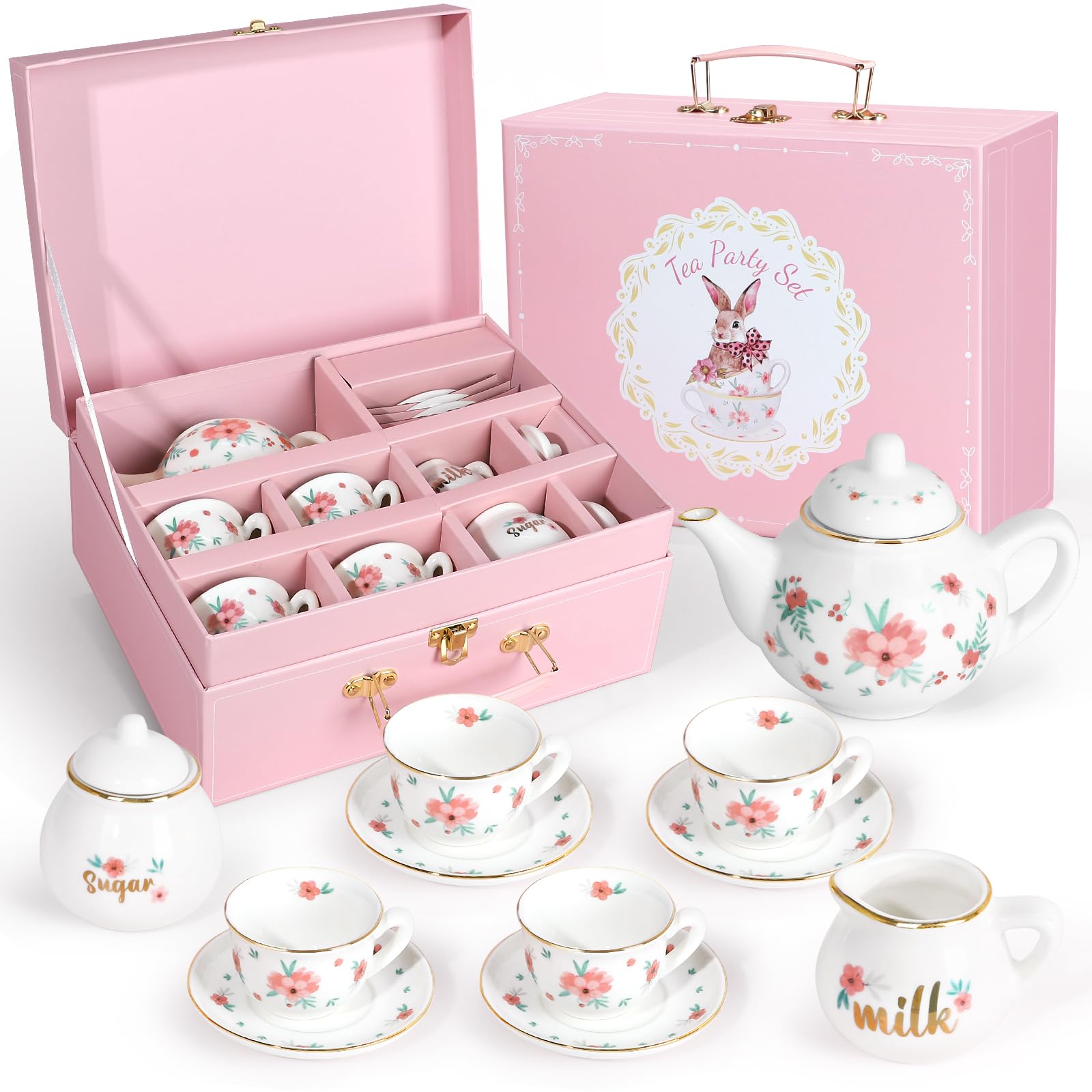 Porcelain Tea Set for Girls with teapot and carrying case