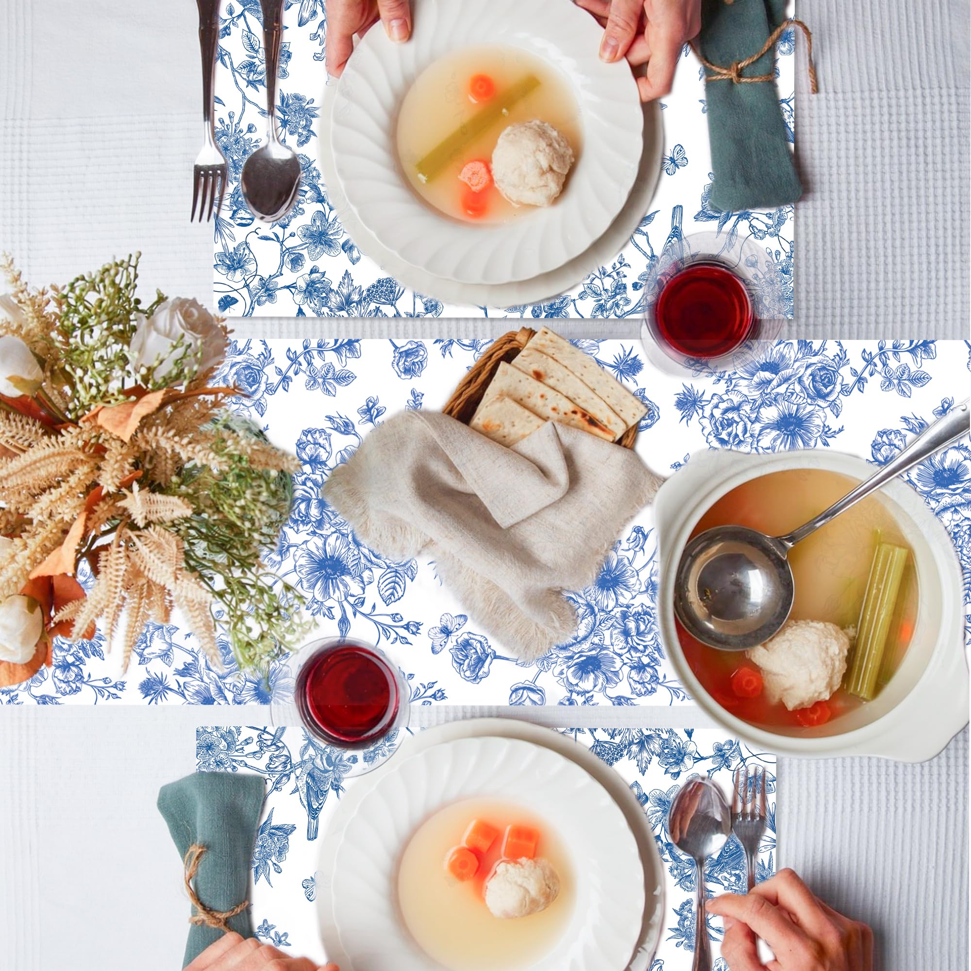 Blue and white porcelain pattern on tablerunner for celebrations