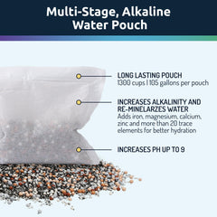 Portable alkaline filtration pouch in use with bottle