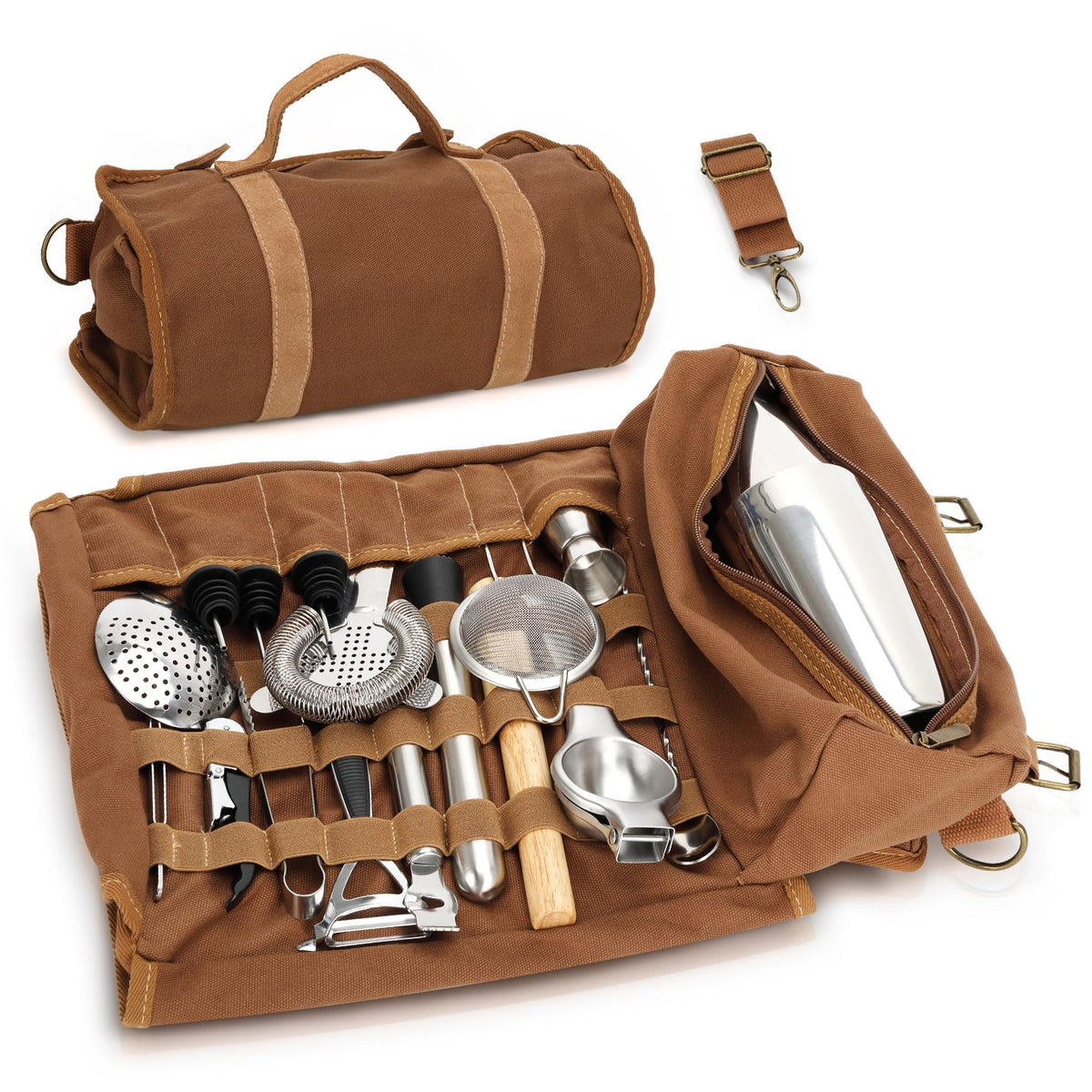 Portable Bartender Kit with Canvas Roll-Up Bag