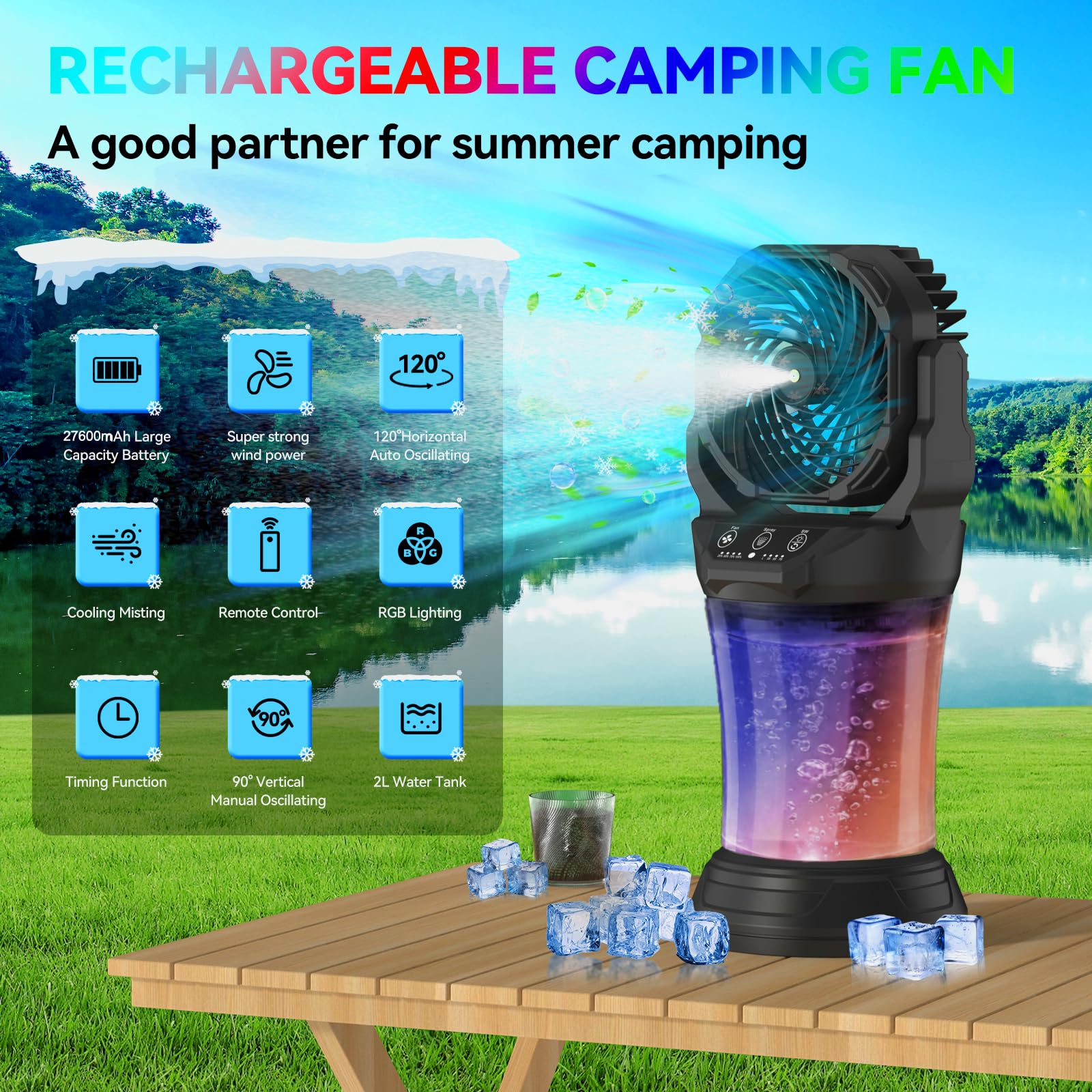 Portable misting fan with 2L water tank for outdoor use