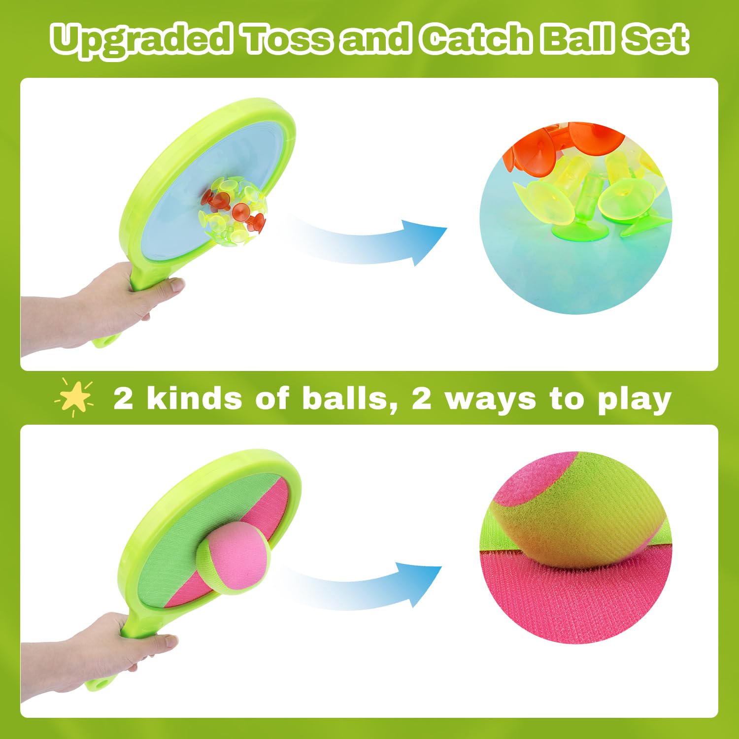 kids ages 3+ playing toss and catch outdoors with paddles