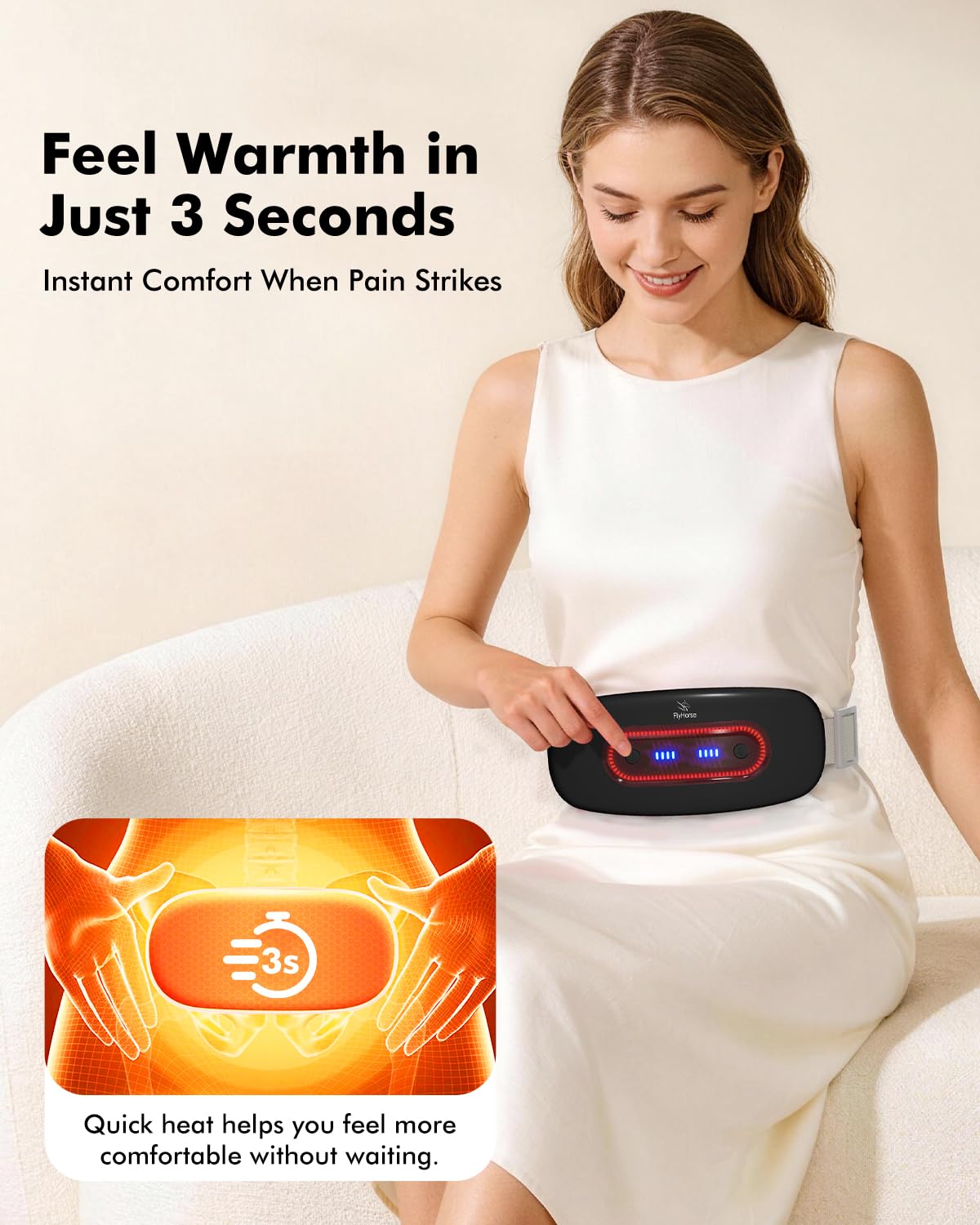 Menstrual heating pad with 4 massage modes in use