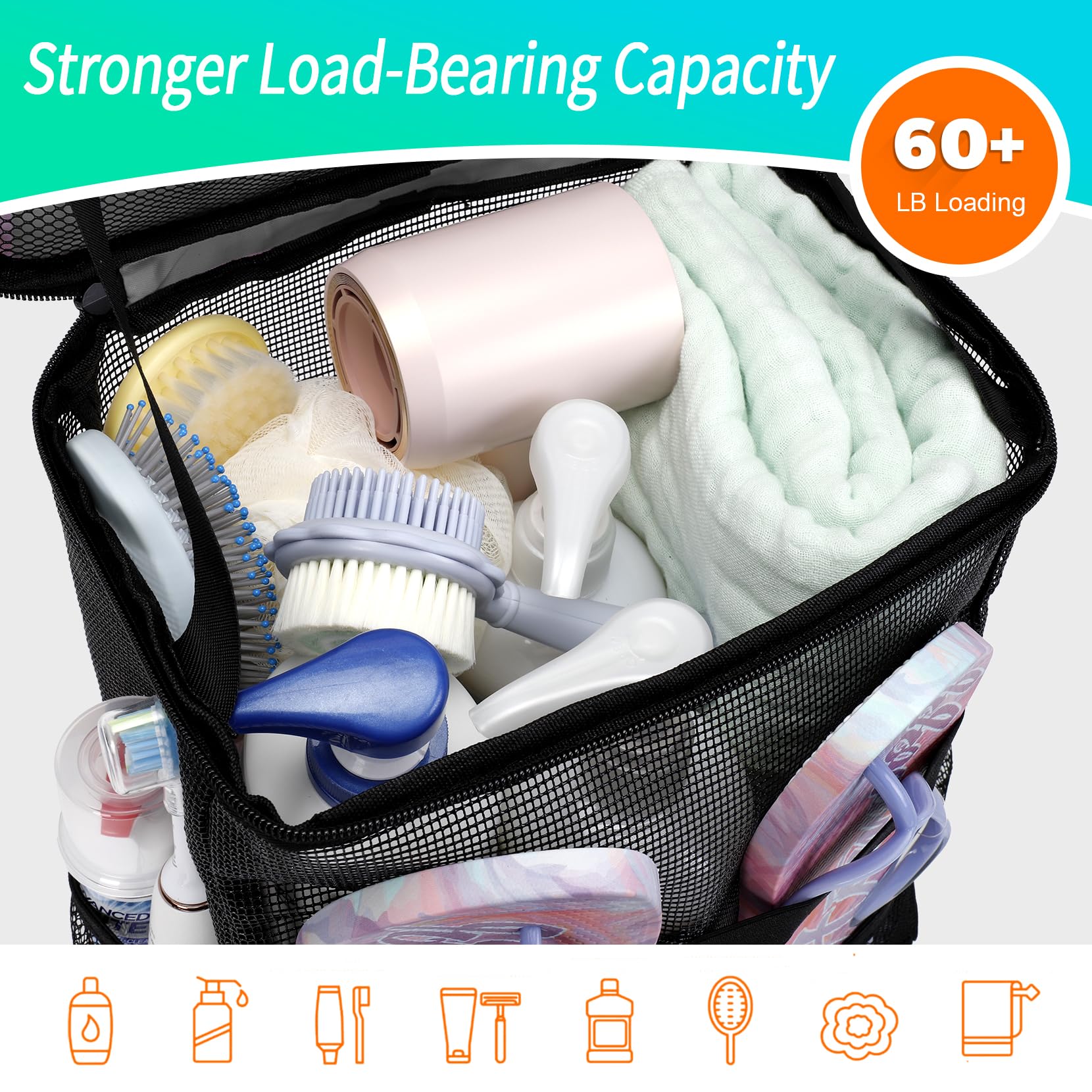 Portable dorm shower caddy hanging by a lid hook