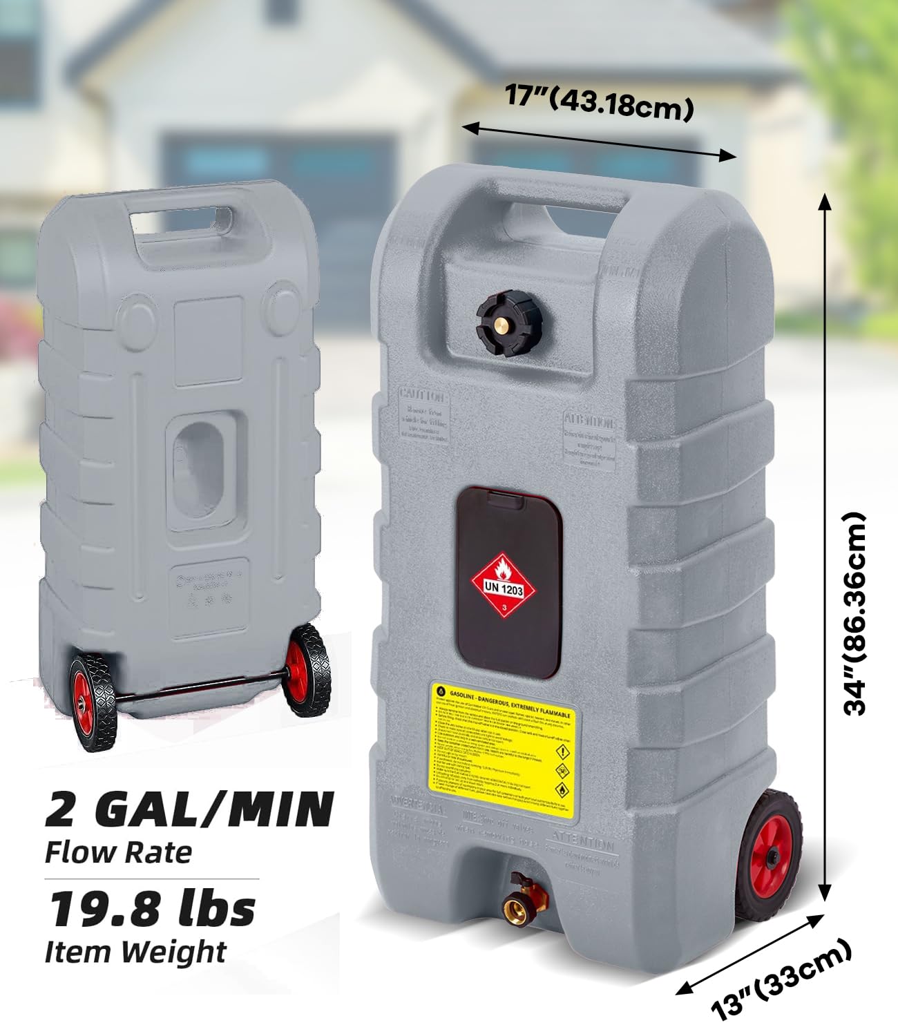 Portable fuel tank on wheels suitable for lawn equipment