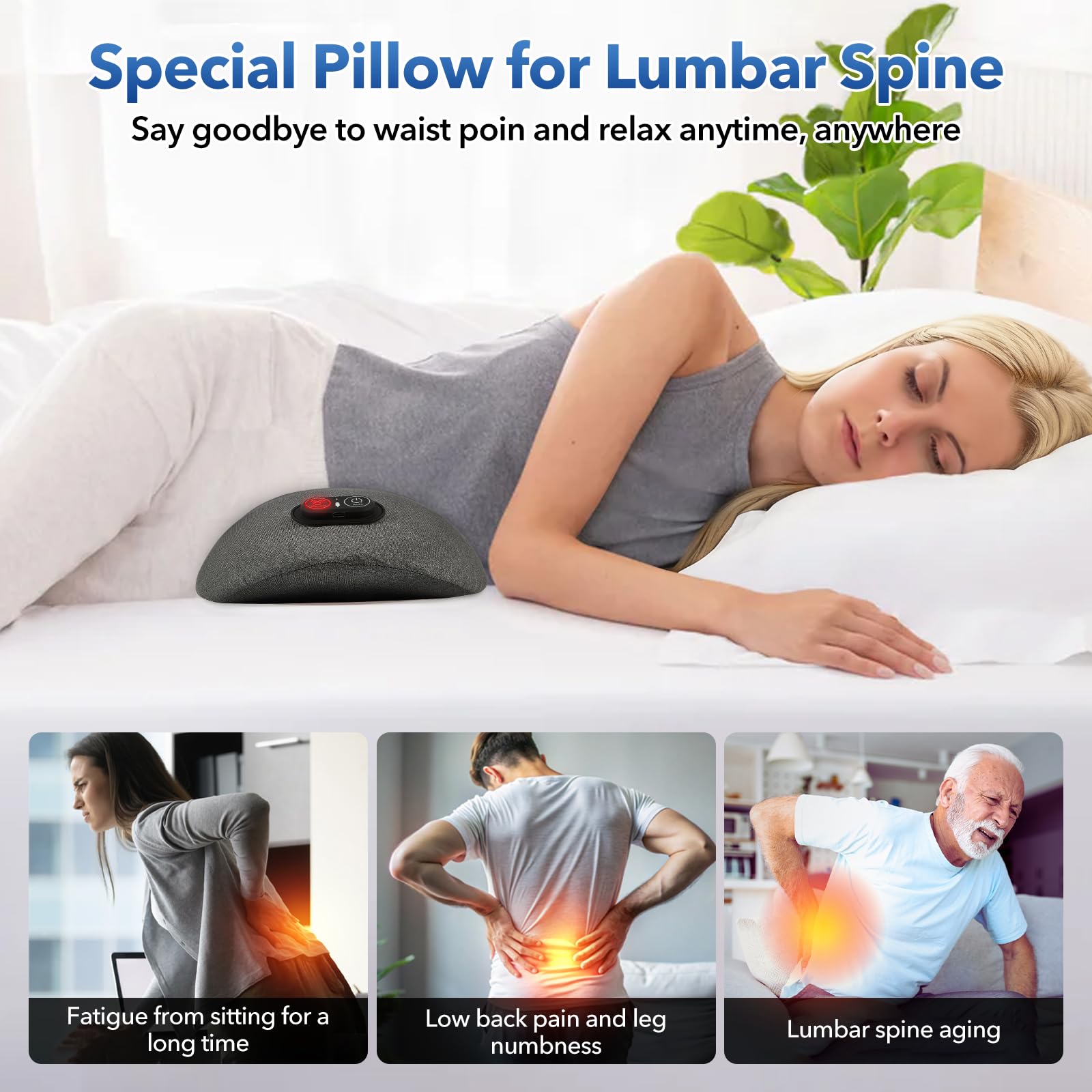 Portable wireless lumbar massage pillow with USB-C charging