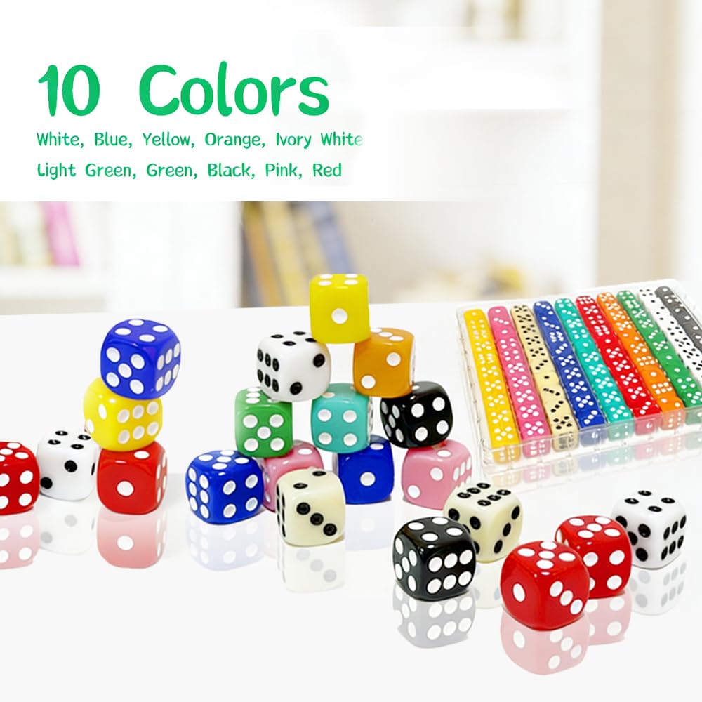 Portable plastic box displaying a 100 piece dice set in multiple colors
