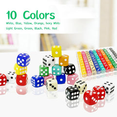 Portable plastic box displaying a 100 piece dice set in multiple colors