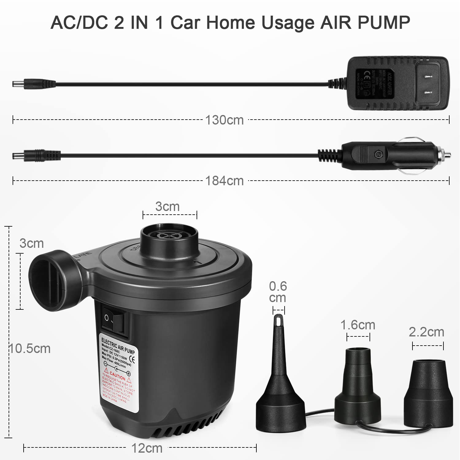 Portable electric air mattress pump for indoor and outdoor use