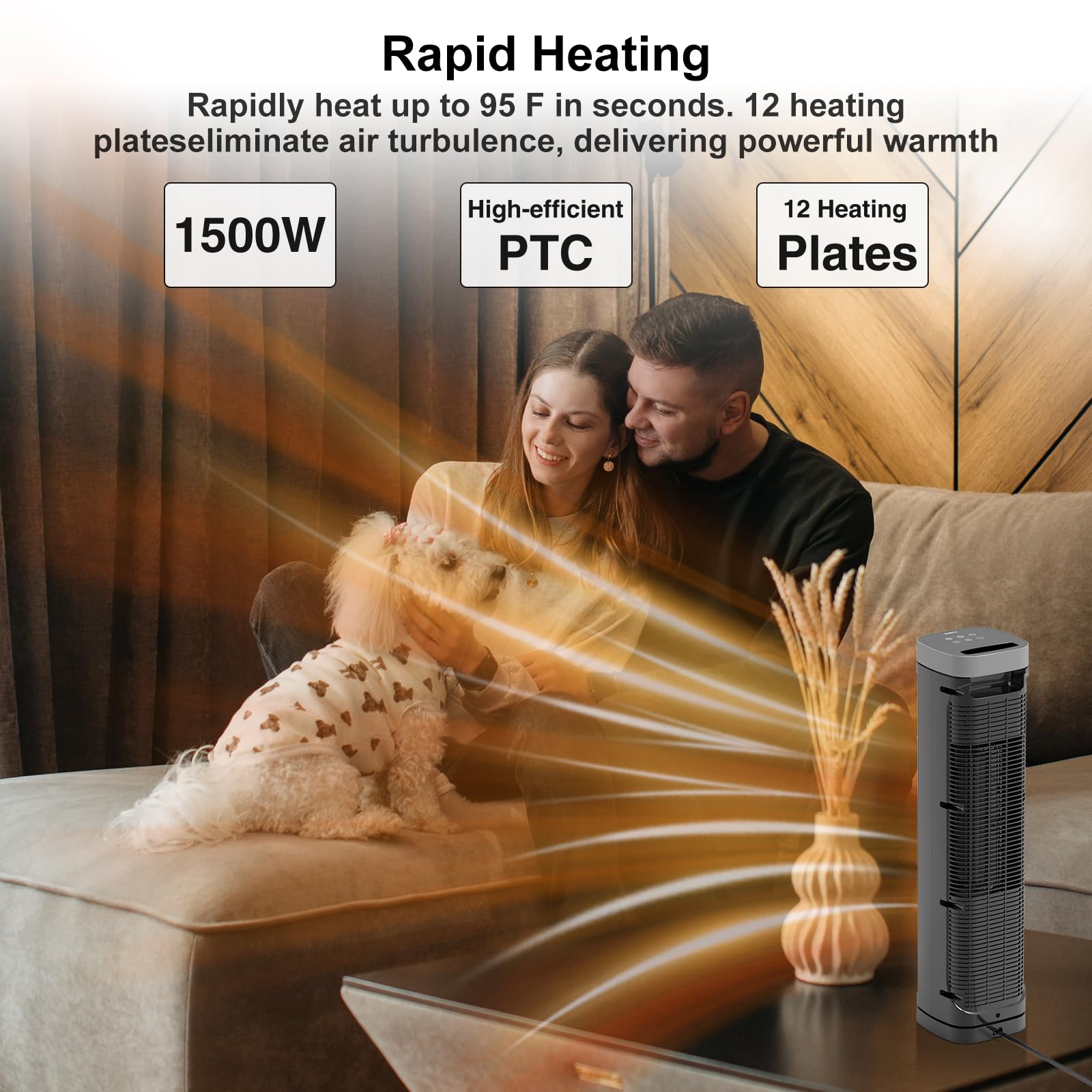 Portable Space Heater showing 3 heating modes and compact design