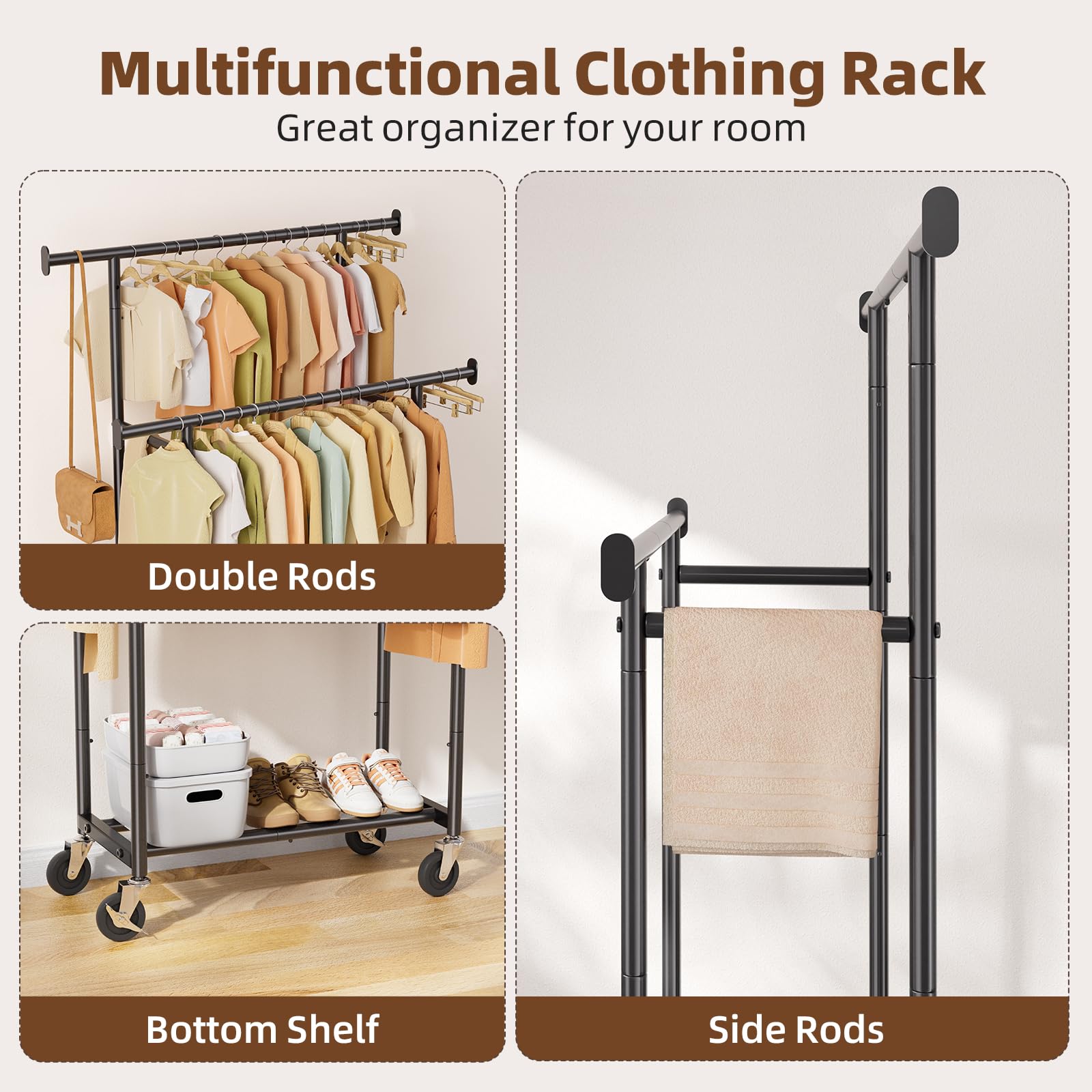 Portable wardrobe rack suitable for bedroom and laundry