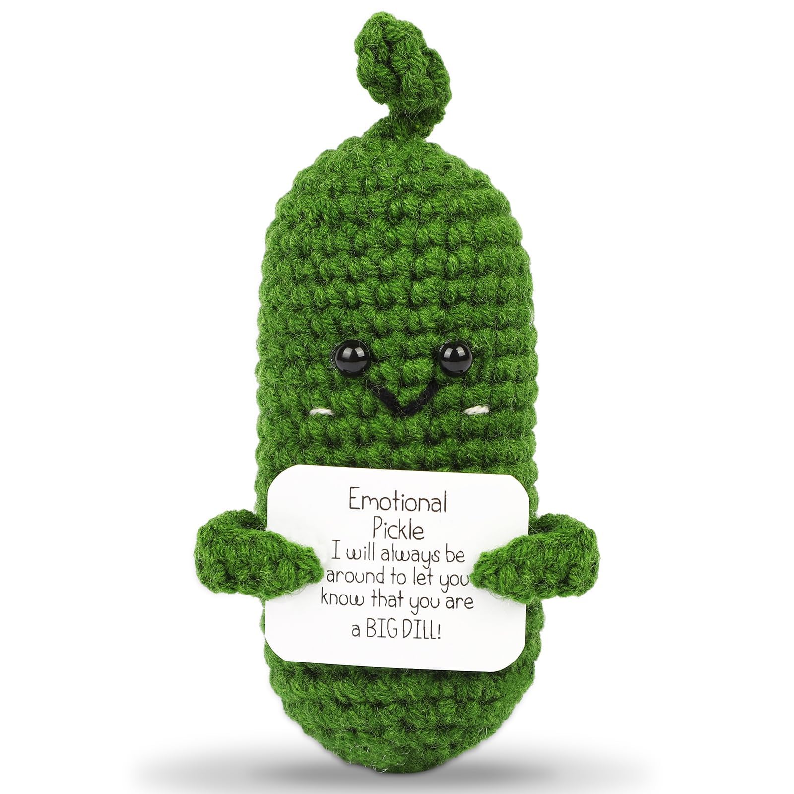 Positive Energy Crochet Cucumber Gift with affirmation card on desk
