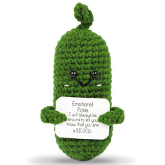Positive Energy Crochet Cucumber Gift with affirmation card on desk