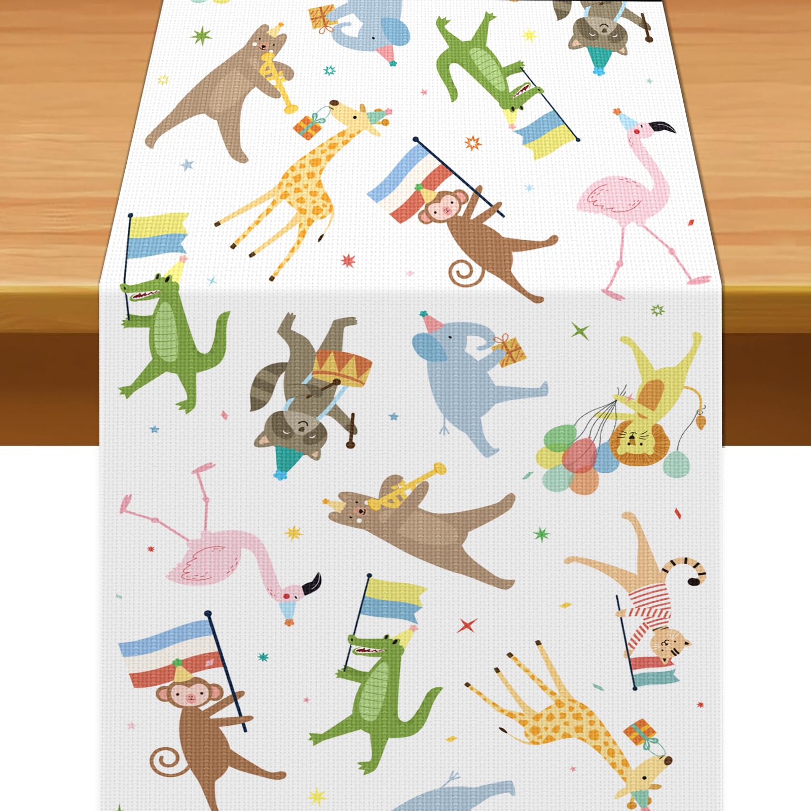 Potchen Animal Parade Table Runner on dining table with safari theme