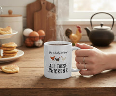 Close up of charming chicken artwork on a mug