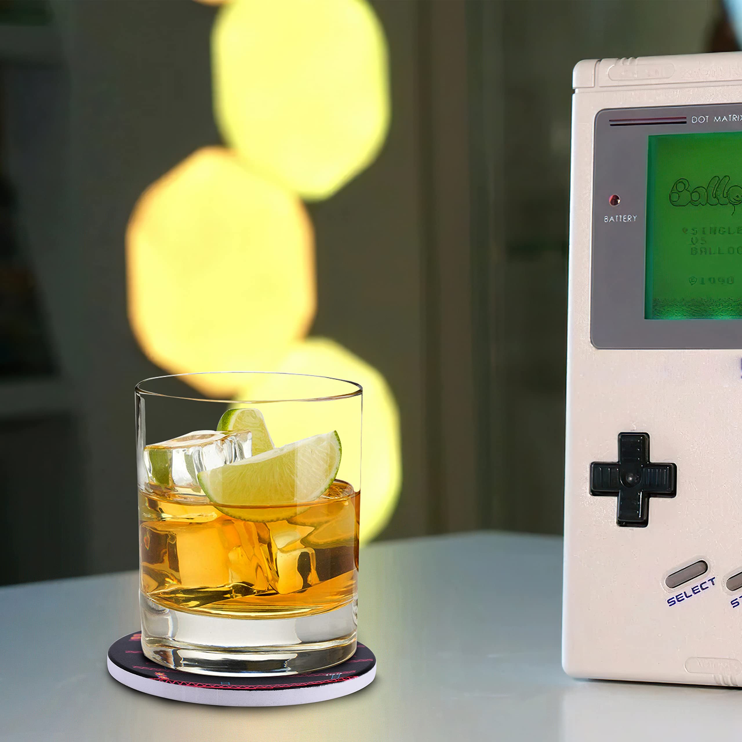 Set of 4 Pounchi Retro Video Game Coasters in home bar setting