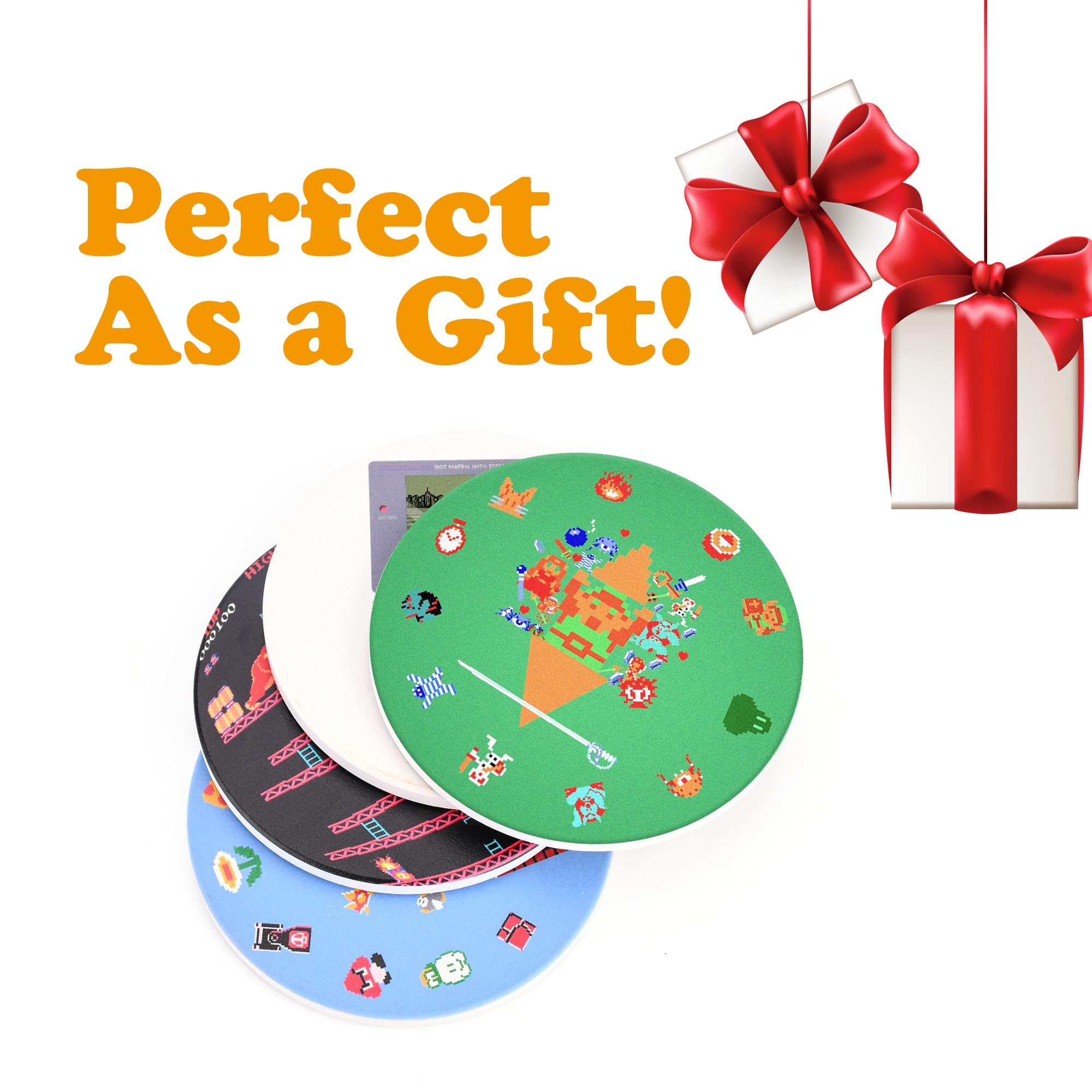 Gift-ready Pounchi Retro Video Game Coasters 4-pack on display
