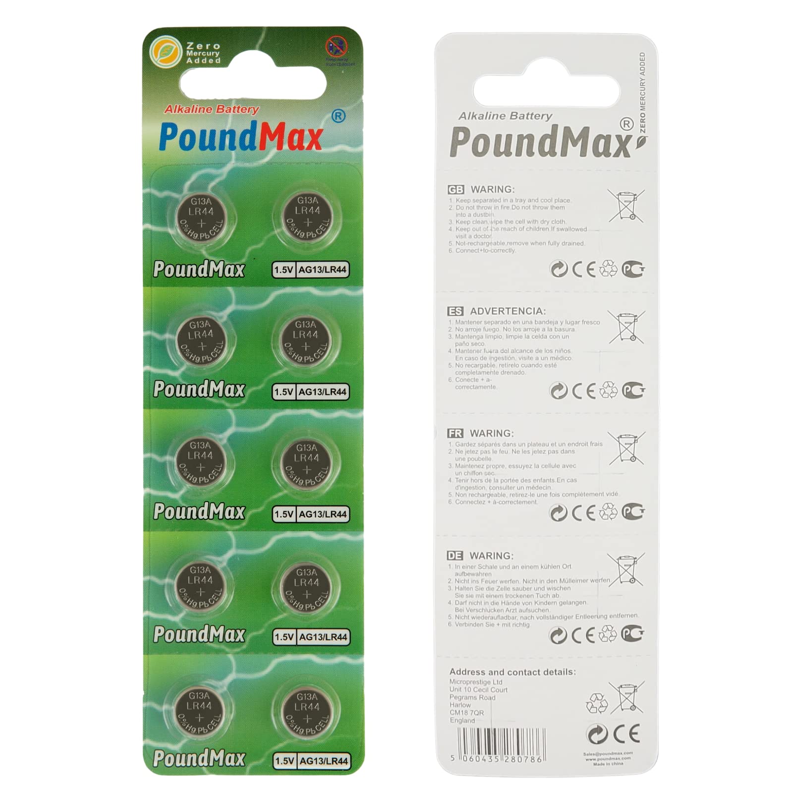 PoundMax 10x AG13 LR44 1.5V alkaline button cell battery pack