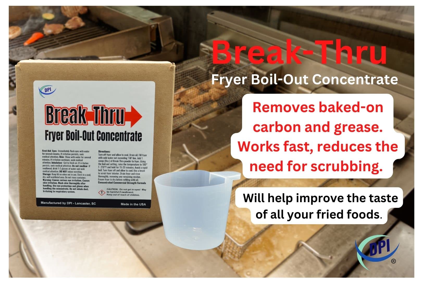 Powder concentrate for deep fryer cleaner with scoop
