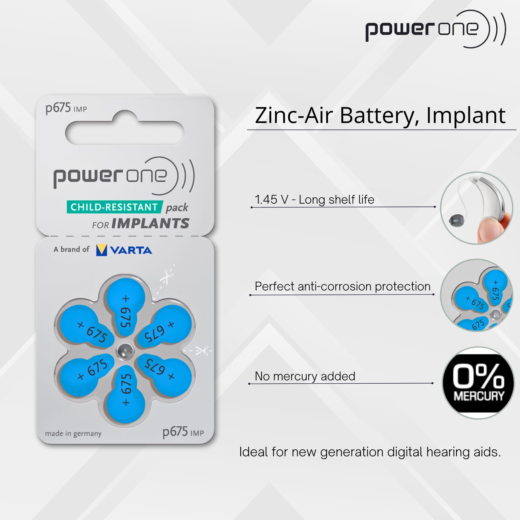 Power One 675P cochlear implant battery packaging