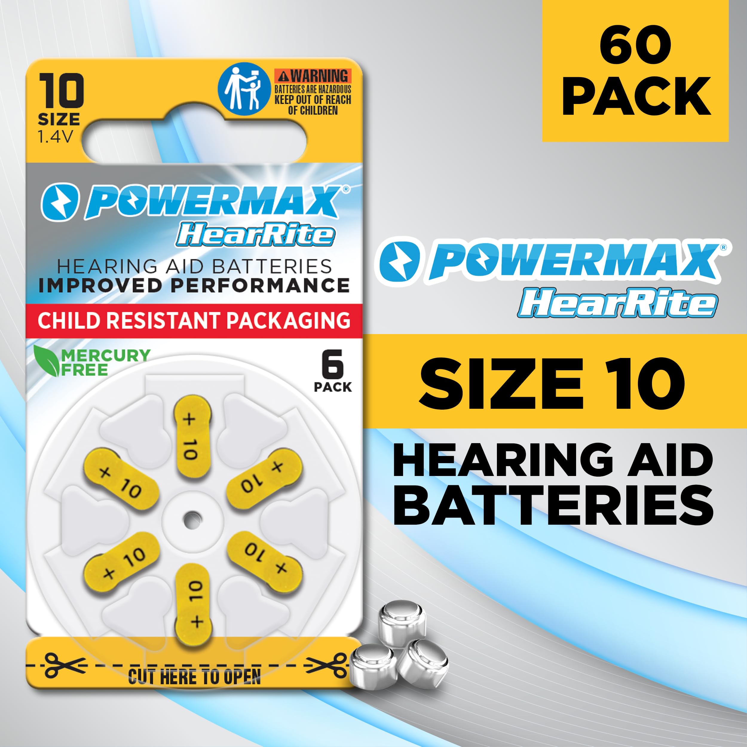Zinc air technology Powermax Size 10 hearing aid battery 1.4V