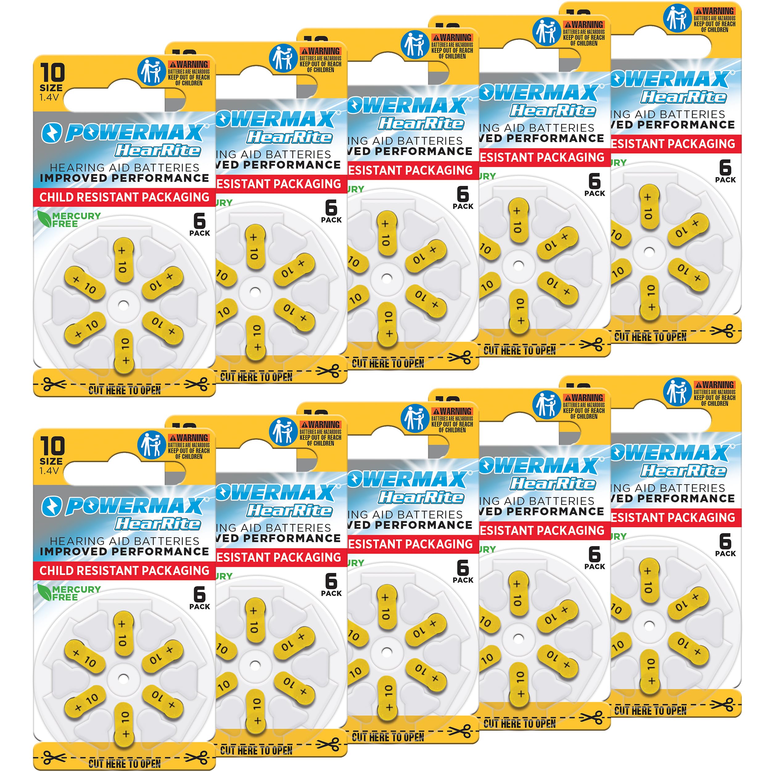 Powermax Size 10 hearing aid batteries with yellow tab and 60 count pack