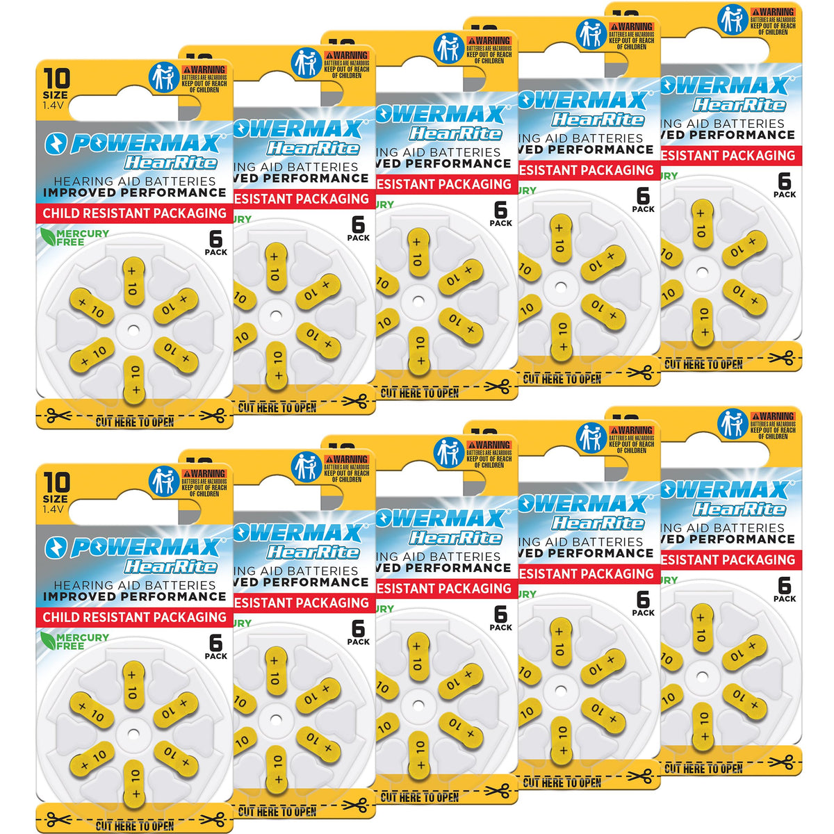 Powermax Size 10 hearing aid batteries with yellow tab and 60 count pack