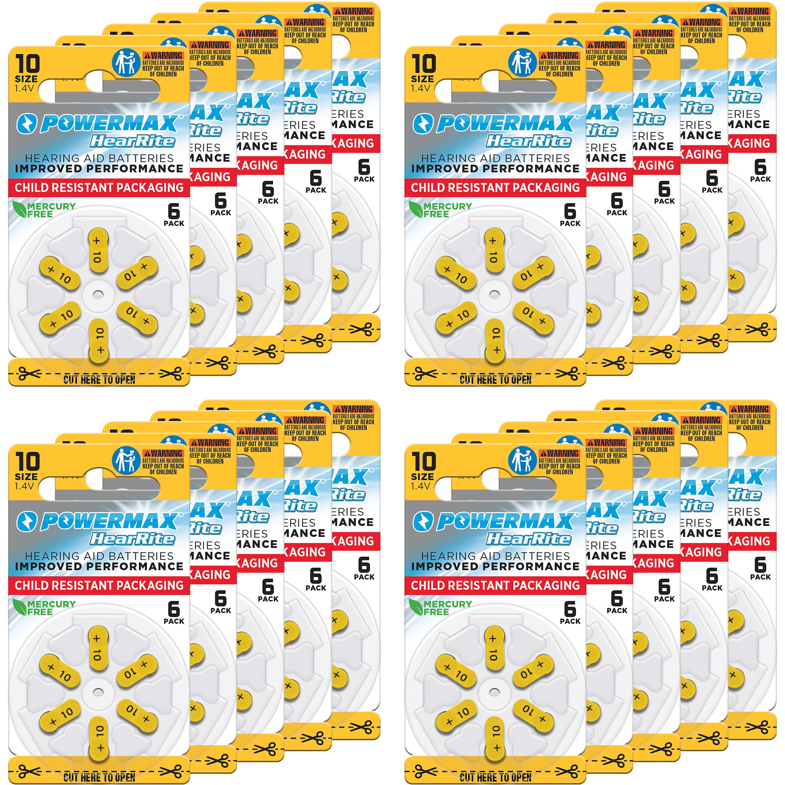 Powermax Size 10 hearing aid batteries with yellow tab