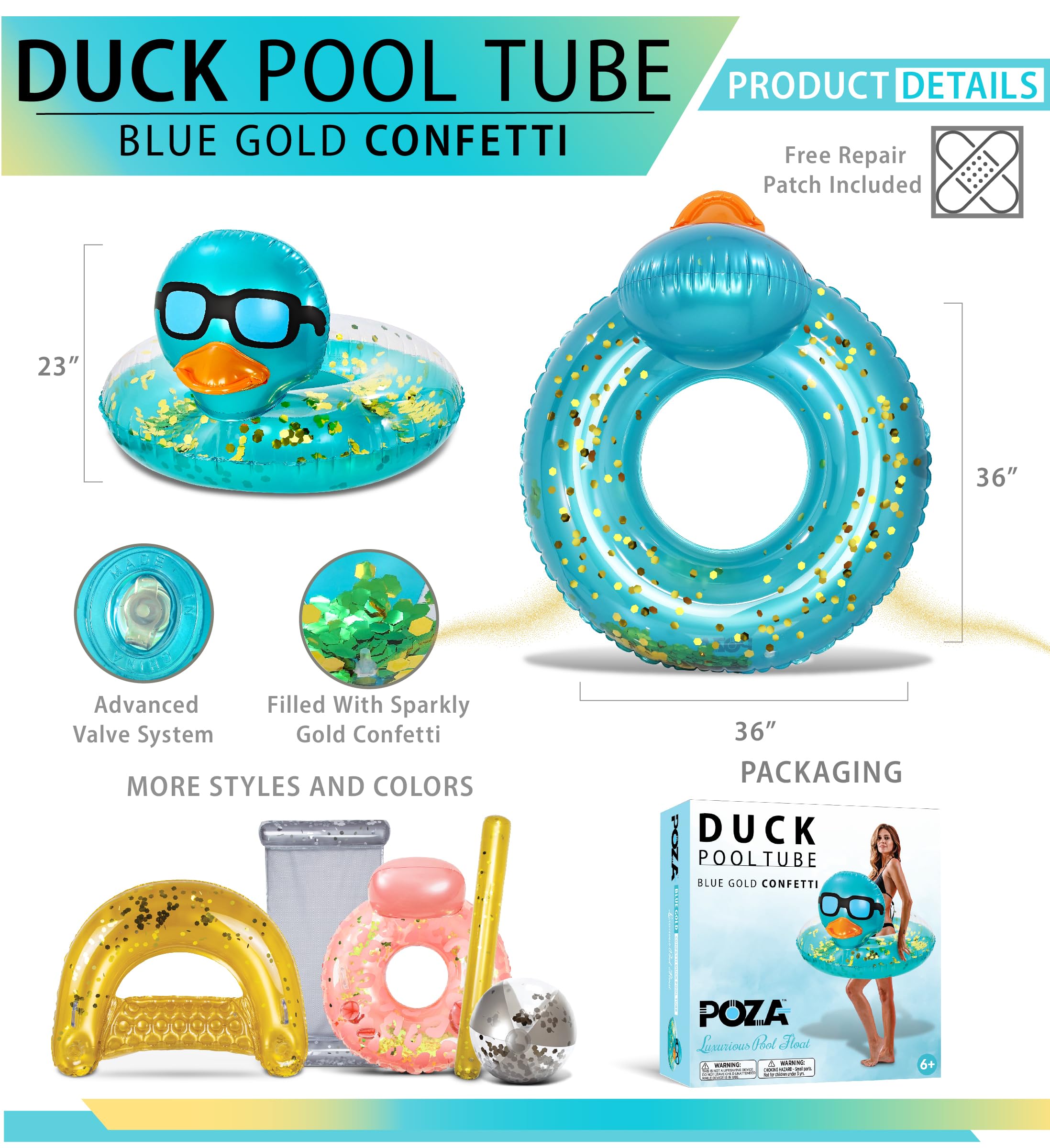Duck pool float blue gold confetti design for kids and adults