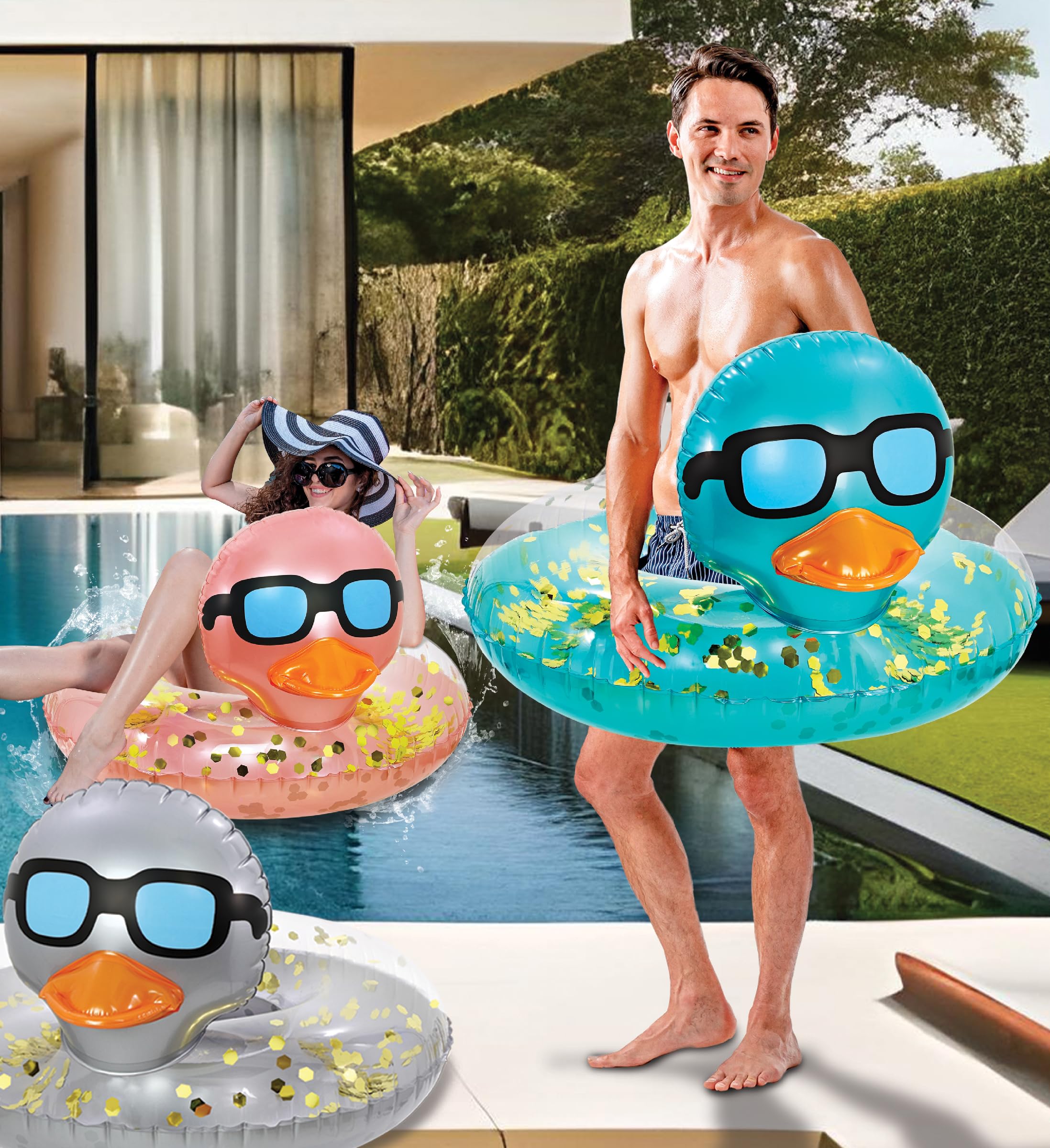 Blue duck pool float used as lounge and pool party decor