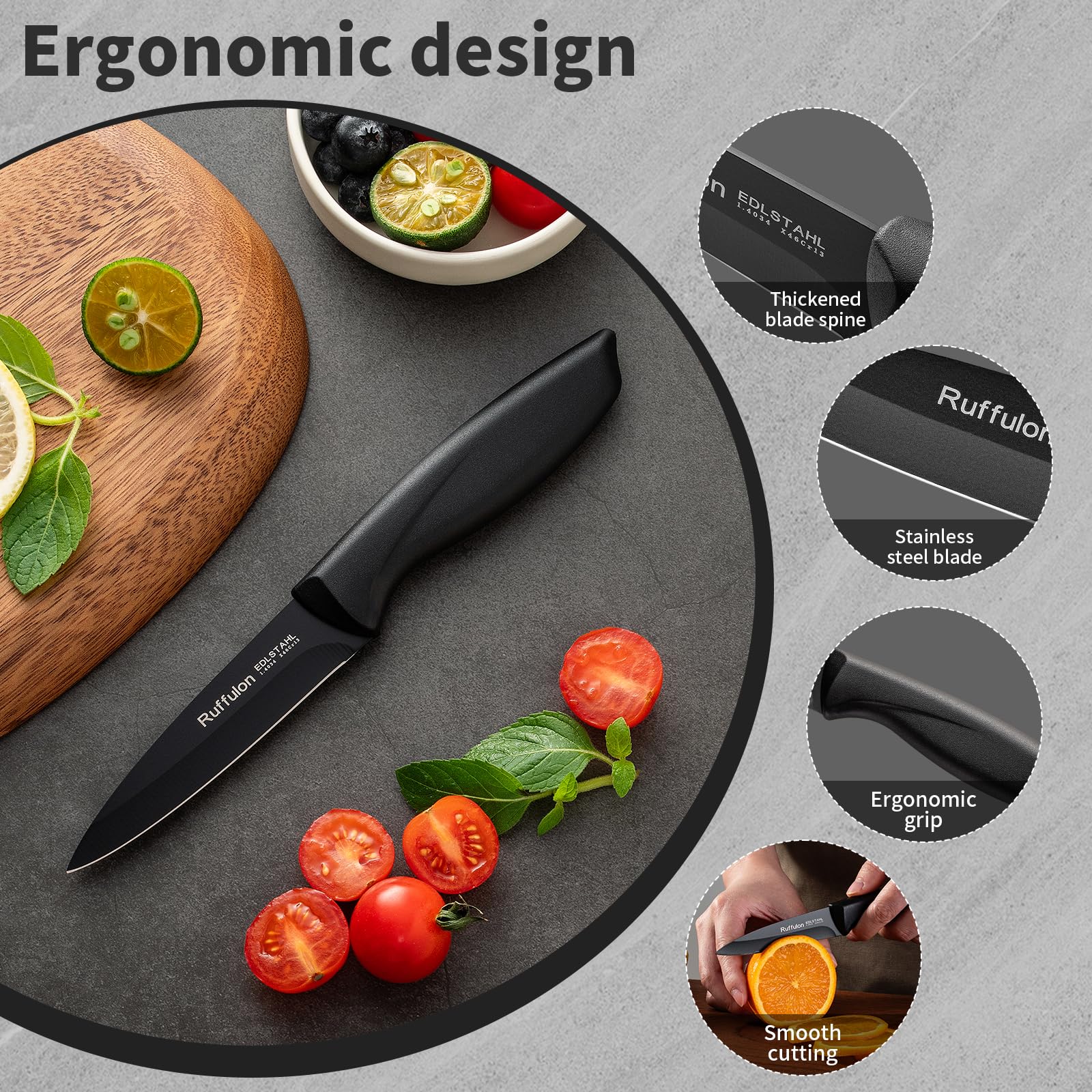 ergonomic PP plastic handle on a fruit knife set