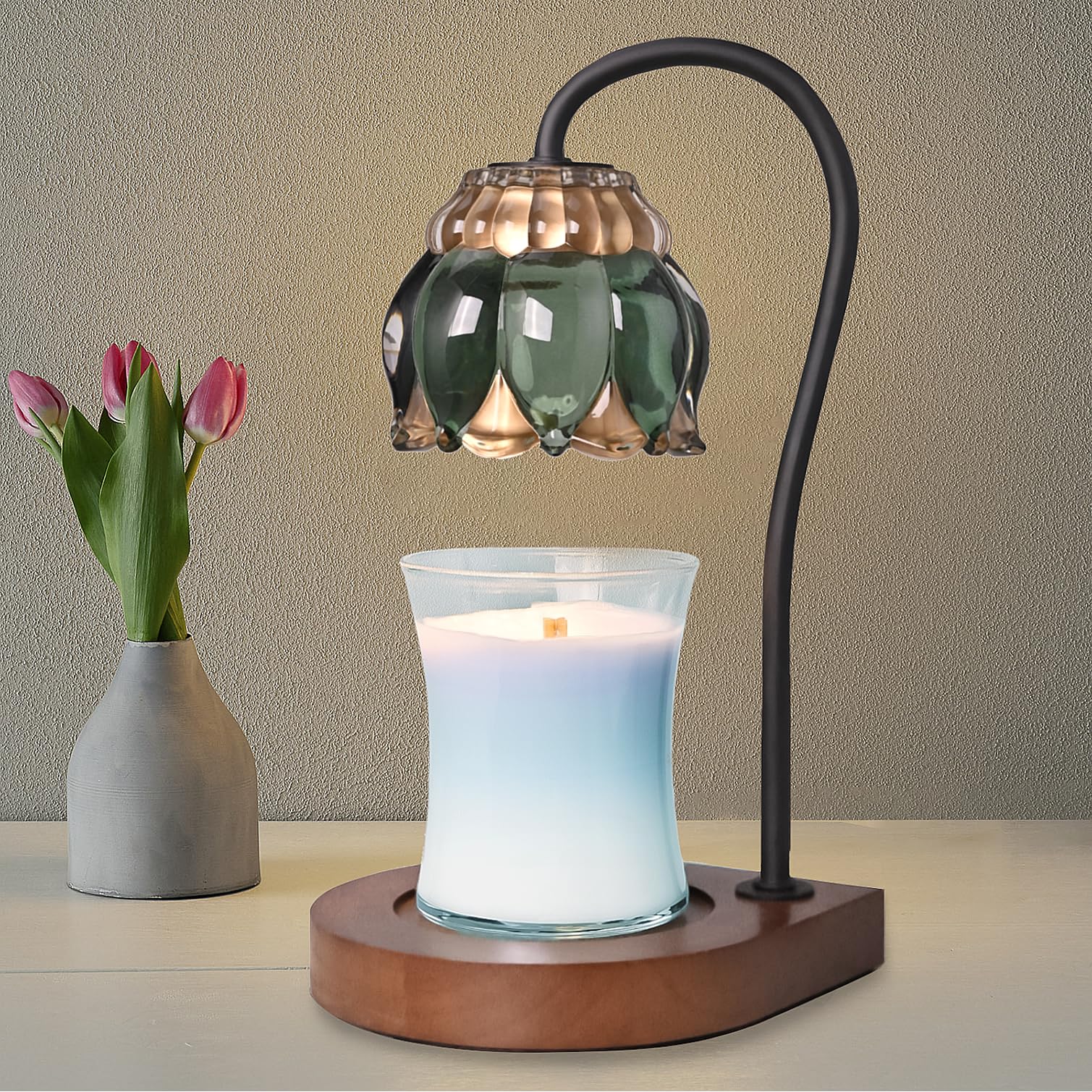 Candle warmer lamp featuring timer and wooden base for stable placement