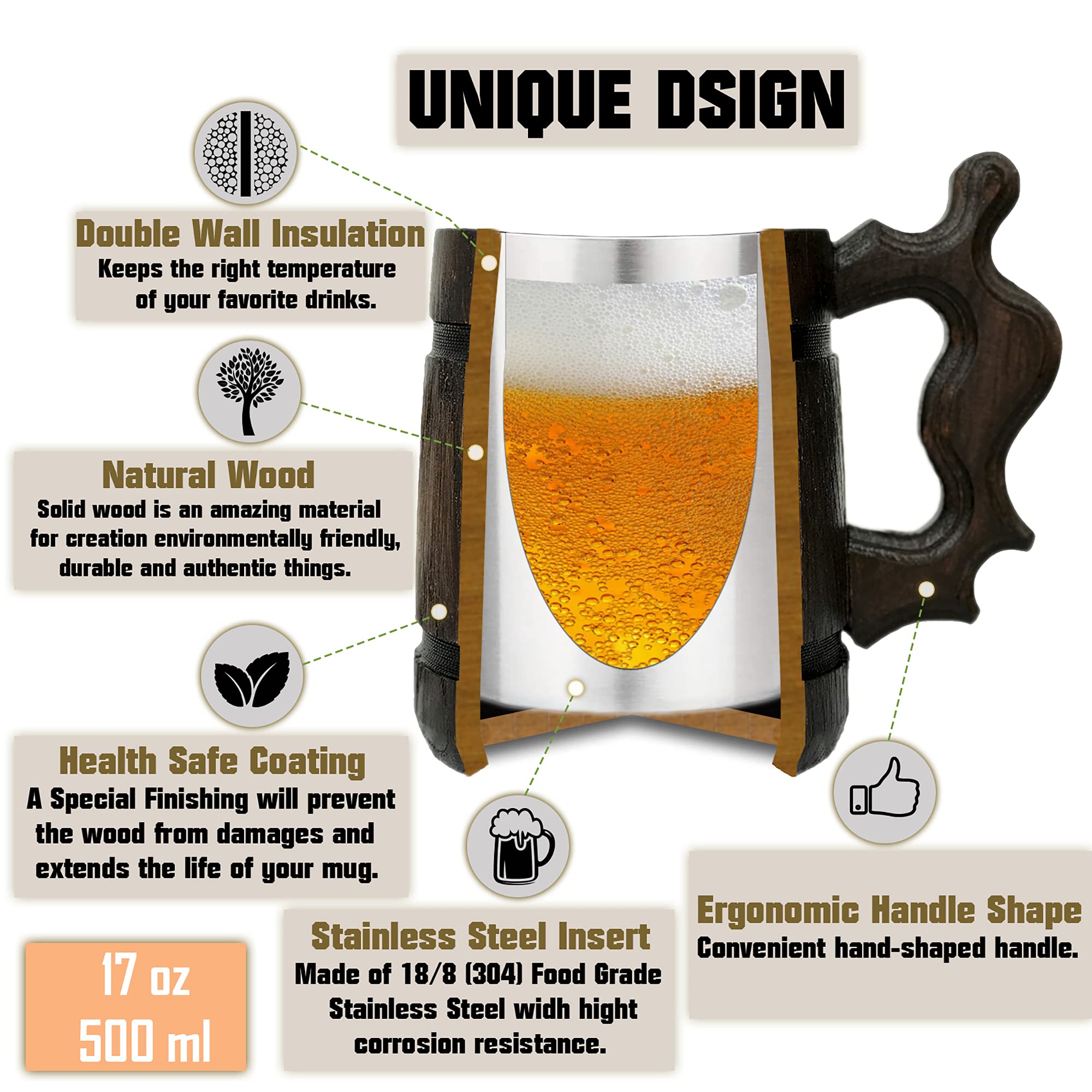 Stainless steel insert beer mug 17 ounces keeps drinks cold