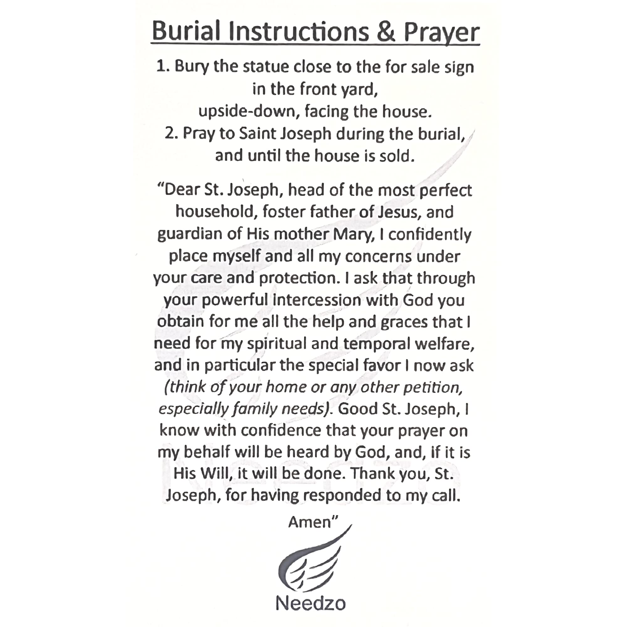 Prayer card and burial instructions included