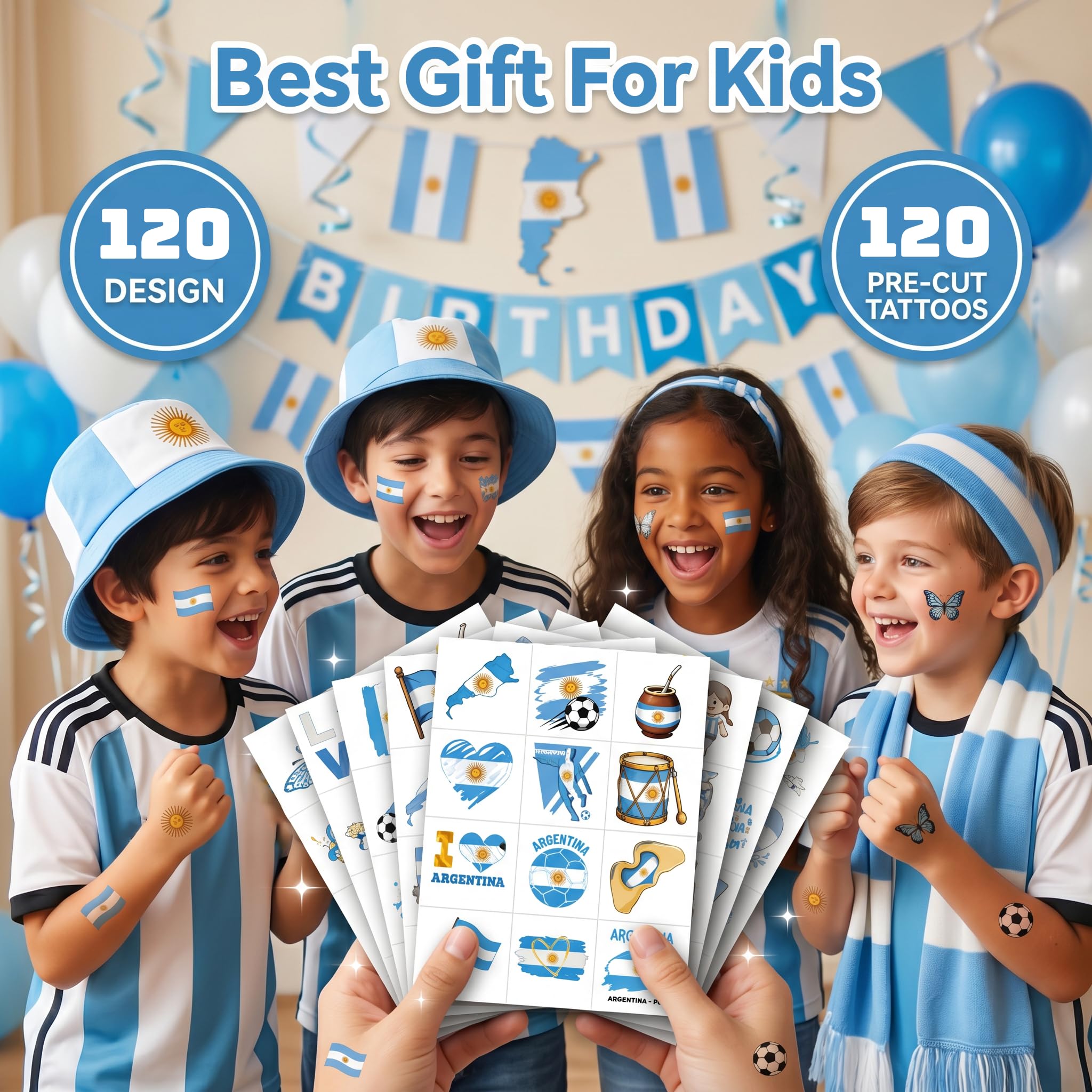 Pre-cut Argentina soccer tattoos for party favors