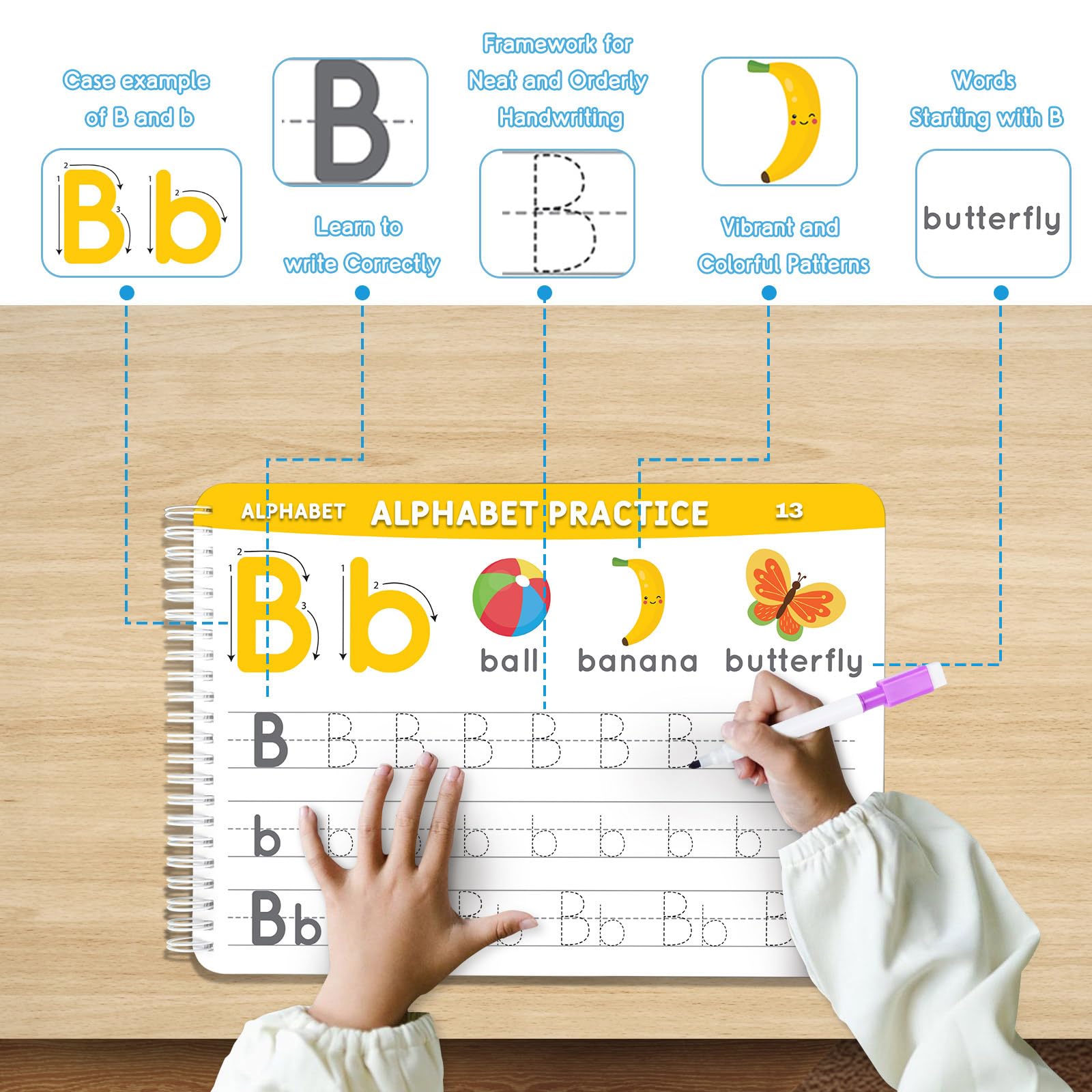 Open pages show pen control and tracing exercises for ages 3-5