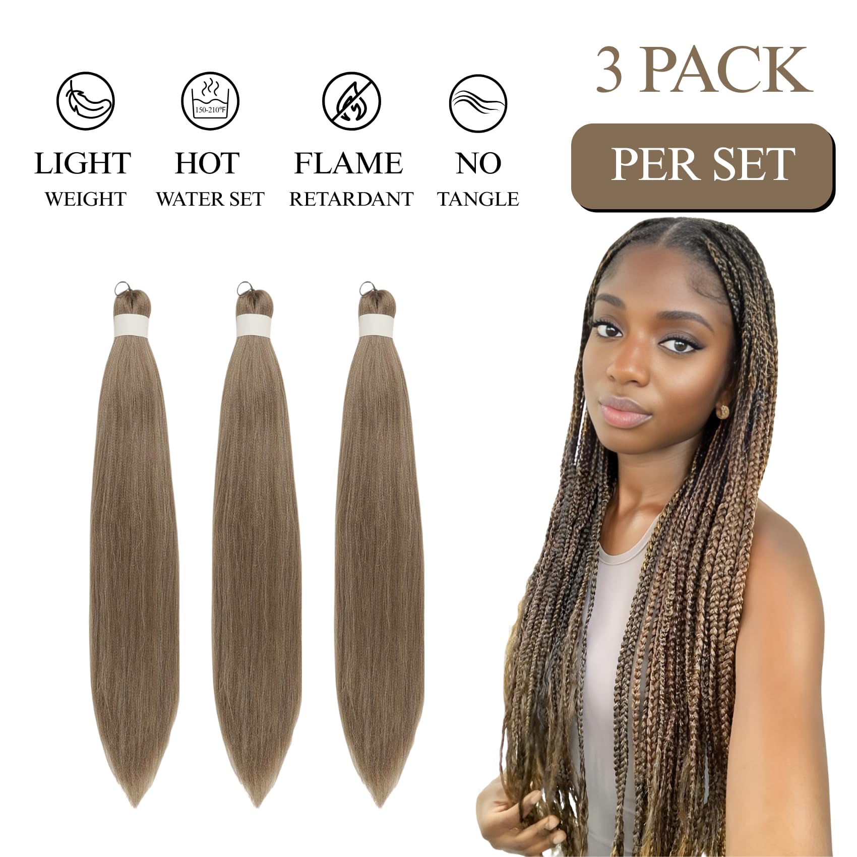 Pack of 3 26 inch pre stretched braiding hair in ash brown