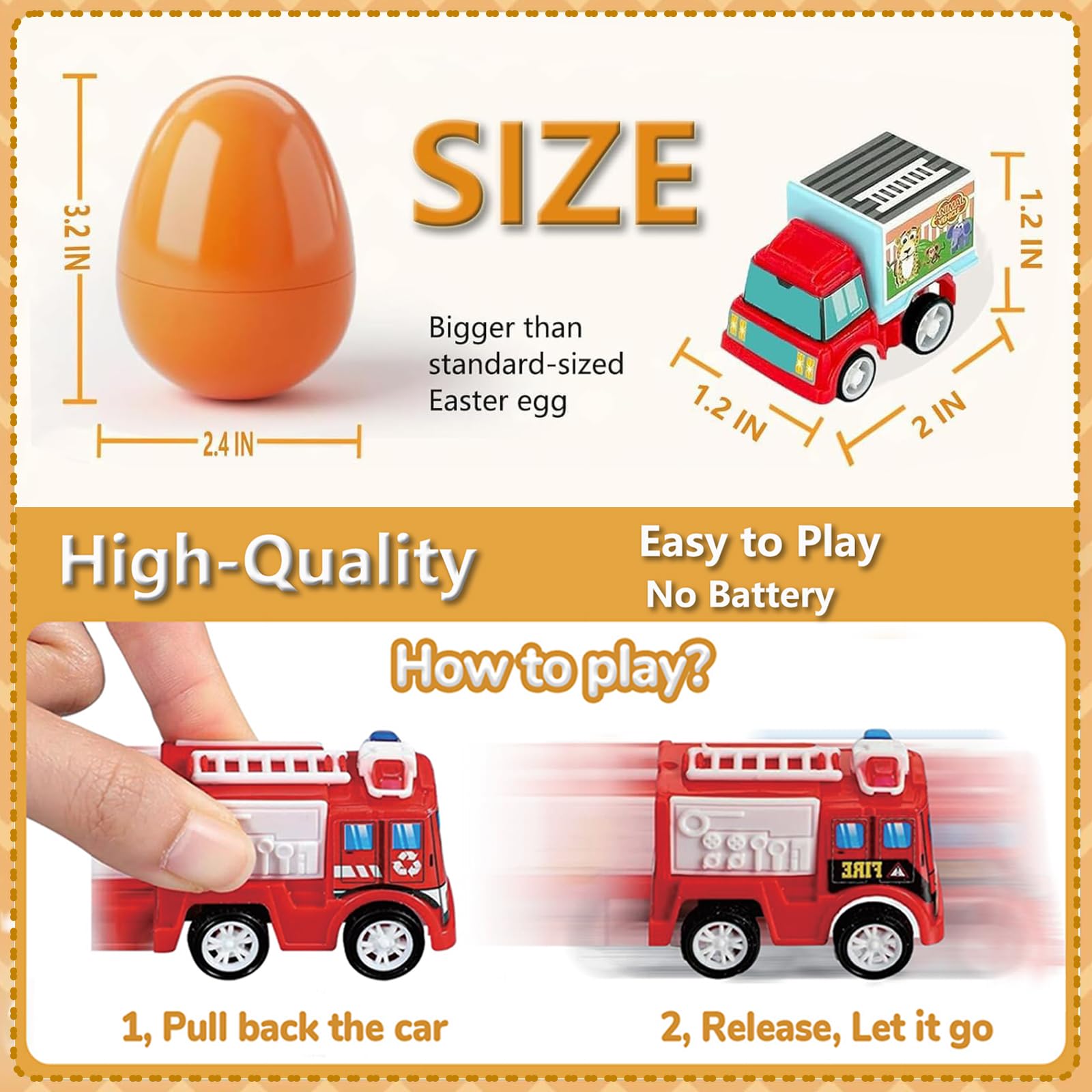 Image of 12 pre-filled Easter eggs with pull-back construction vehicles inside