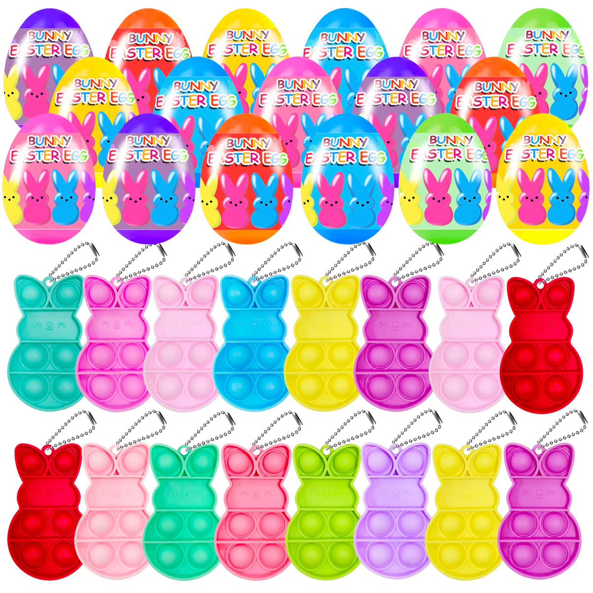 24 count prefilled Easter eggs with bunny pop bubble fidget keychains
