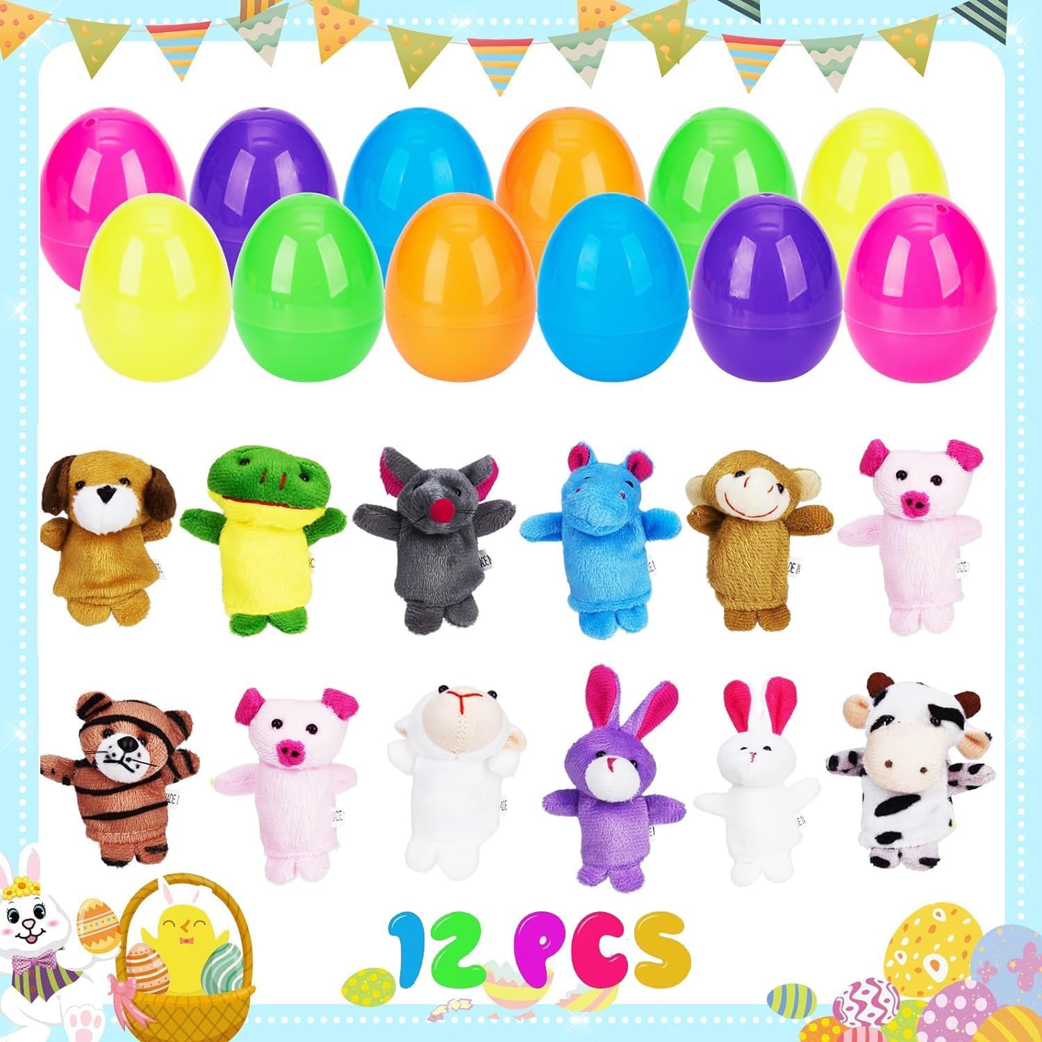 Prefilled Easter eggs with mini plush animal finger puppets