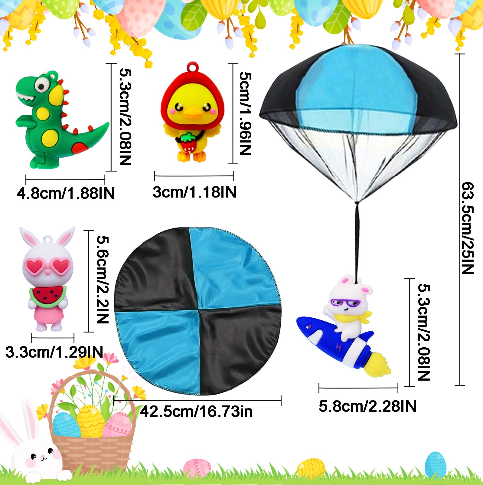 parachute toys inside Easter eggs featuring bunnies chicks and dinosaurs