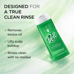Three-pack display of Prell Original Green Shampoo bottles