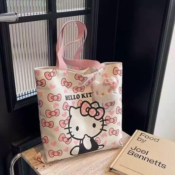Pink and white kawaii canvas tote bag for everyday use