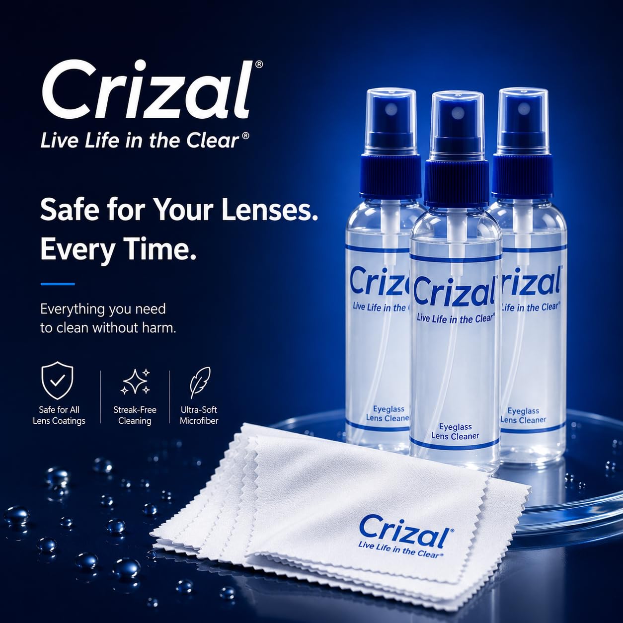 Premium lens cleaner Crizal for coated eyeglasses