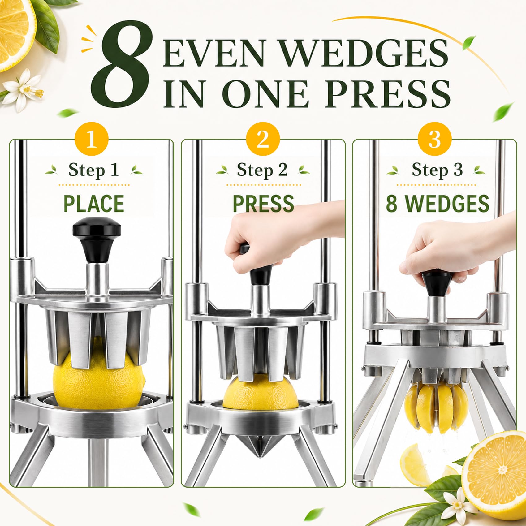 Premium stainless steel blades on the lemon cutter with stand