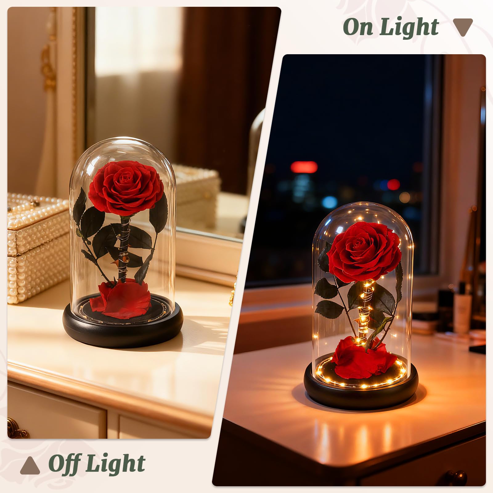 Preserved rose with 40 LED lights inside dome