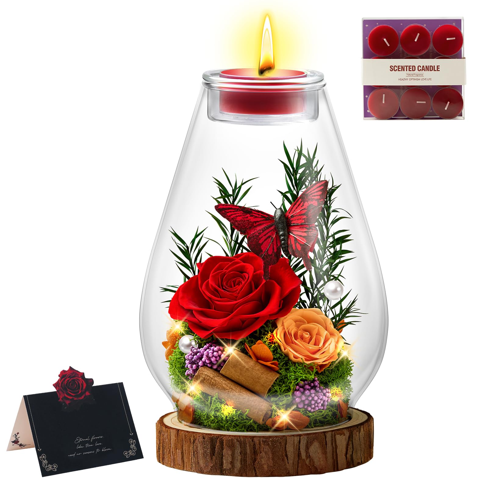 Preserved Rose Candle Holder with glass dome red rose