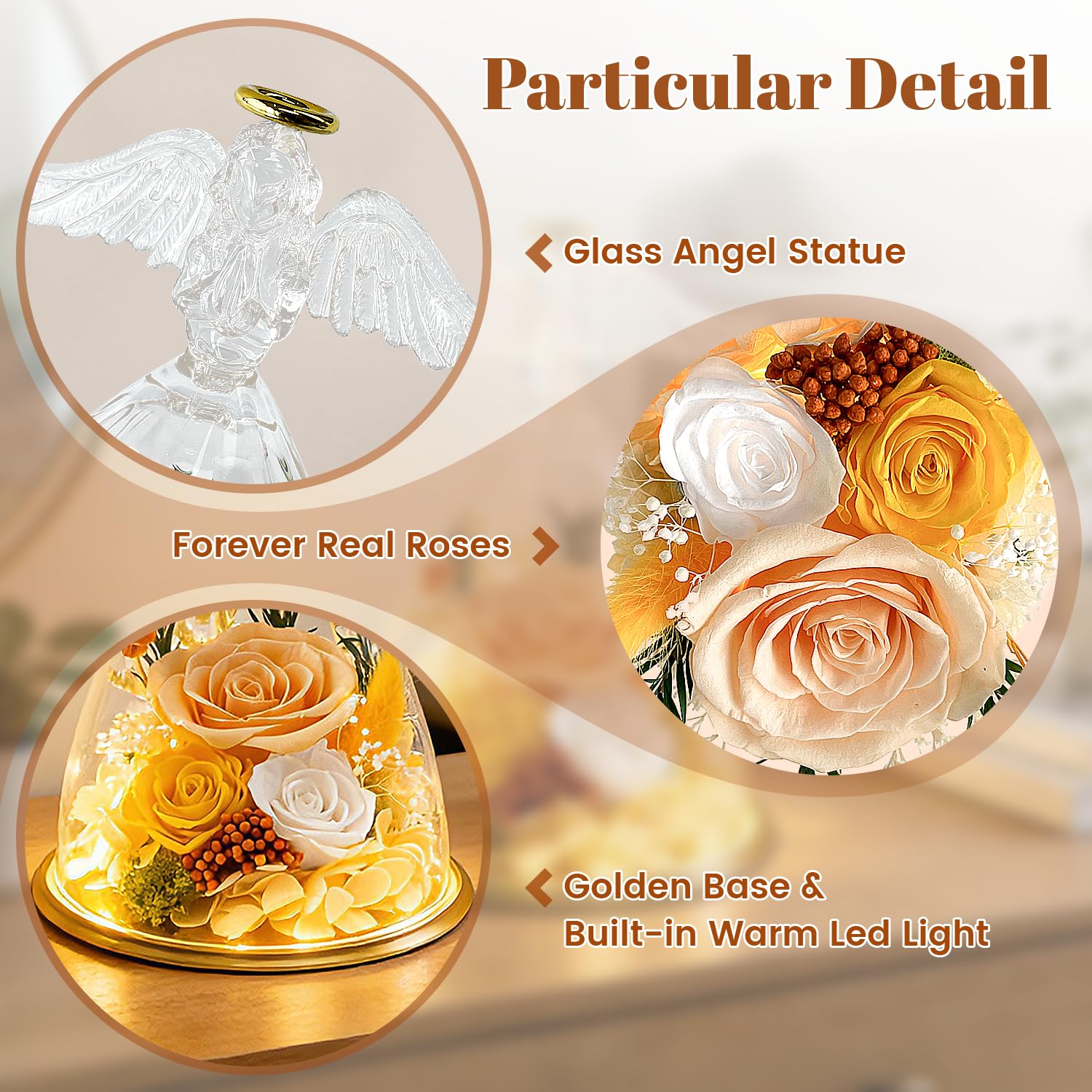 Three preserved roses inside high transparent acrylic dome