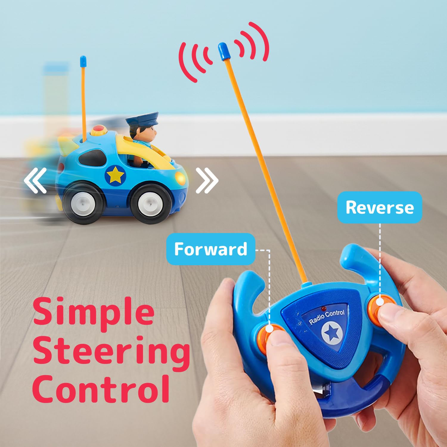Blue remote control designed for PREXTEX police car