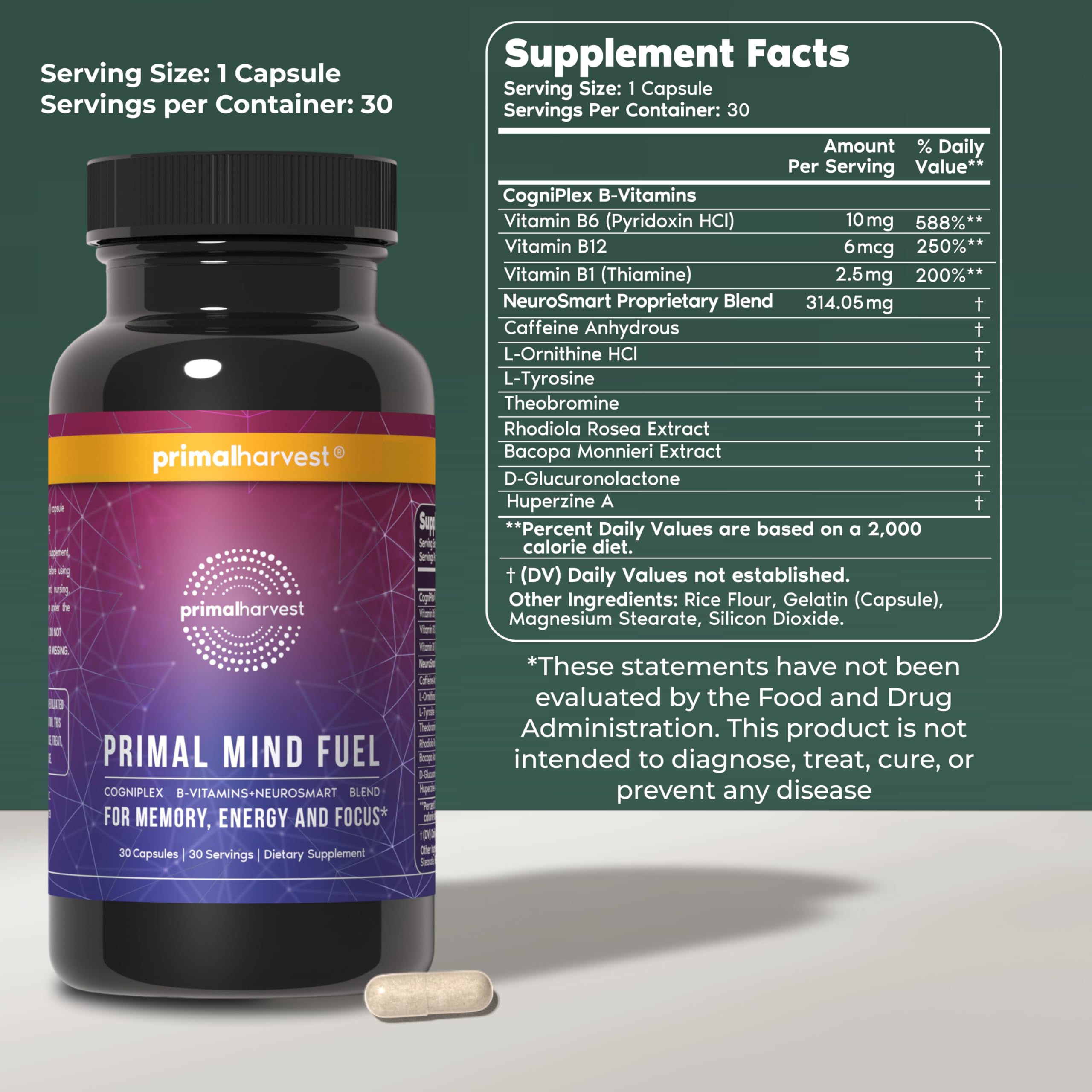 Mind Fuel bottle showing 30 servings per bottle